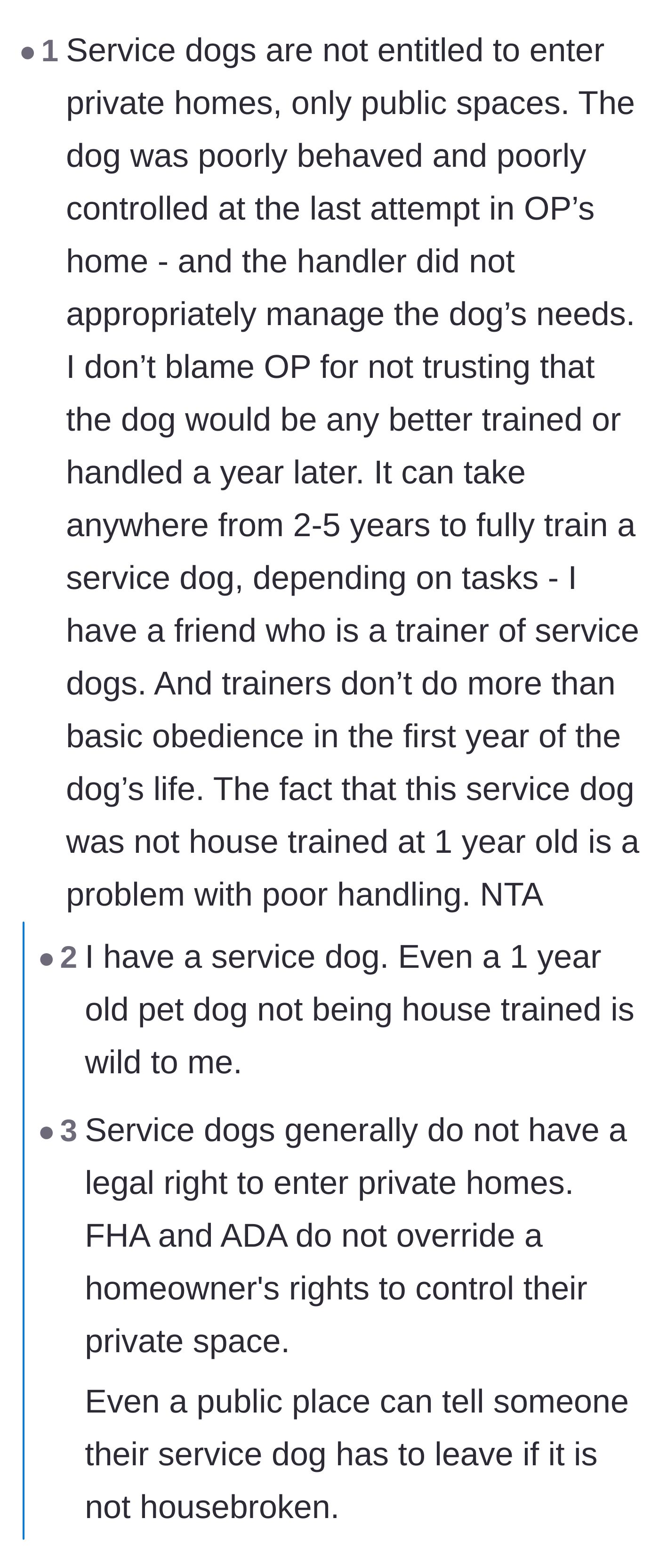 Comment thread 4 - A discussion pointing out that the ADA does not force homeowners to allow service dogs in private residences.