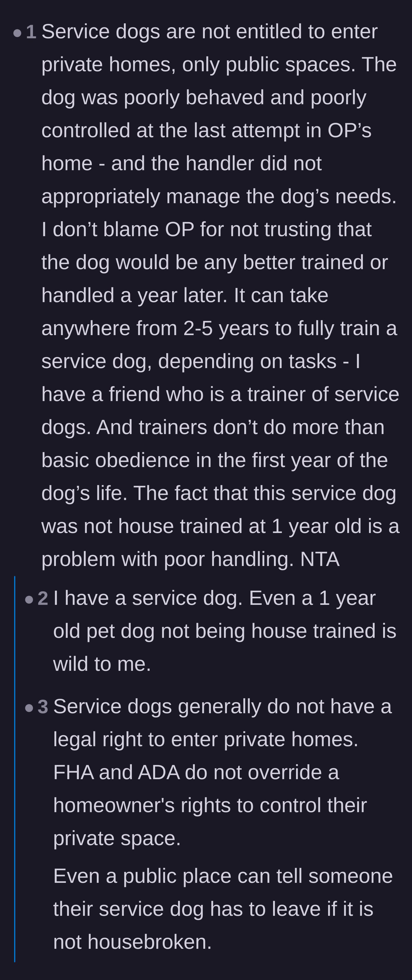 Comment thread 4 - A discussion pointing out that the ADA does not force homeowners to allow service dogs in private residences.