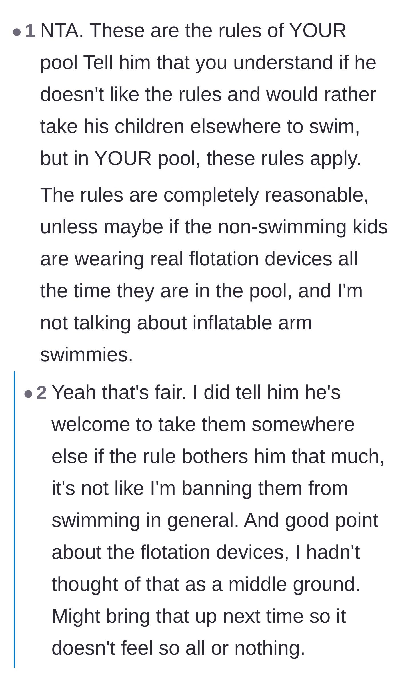 Comment thread 1 - Readers agree with the pool owner's strict rules and warn that flotation devices aren't a substitute for supervision since drowning is completely silent.