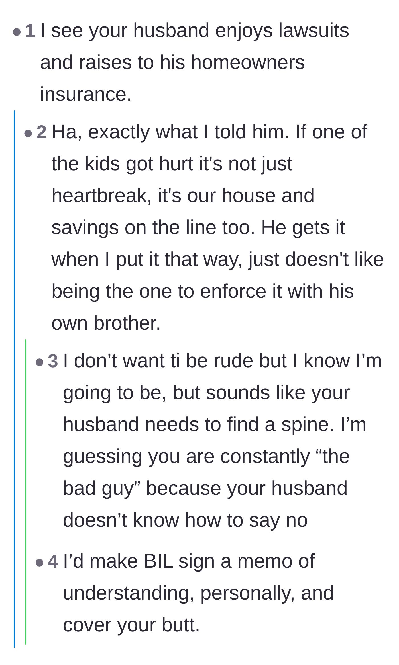 Comment thread 3 - A discussion about the severe financial and legal liabilities of a drowning, leading to criticism of the husband's inability to stand up to his family.