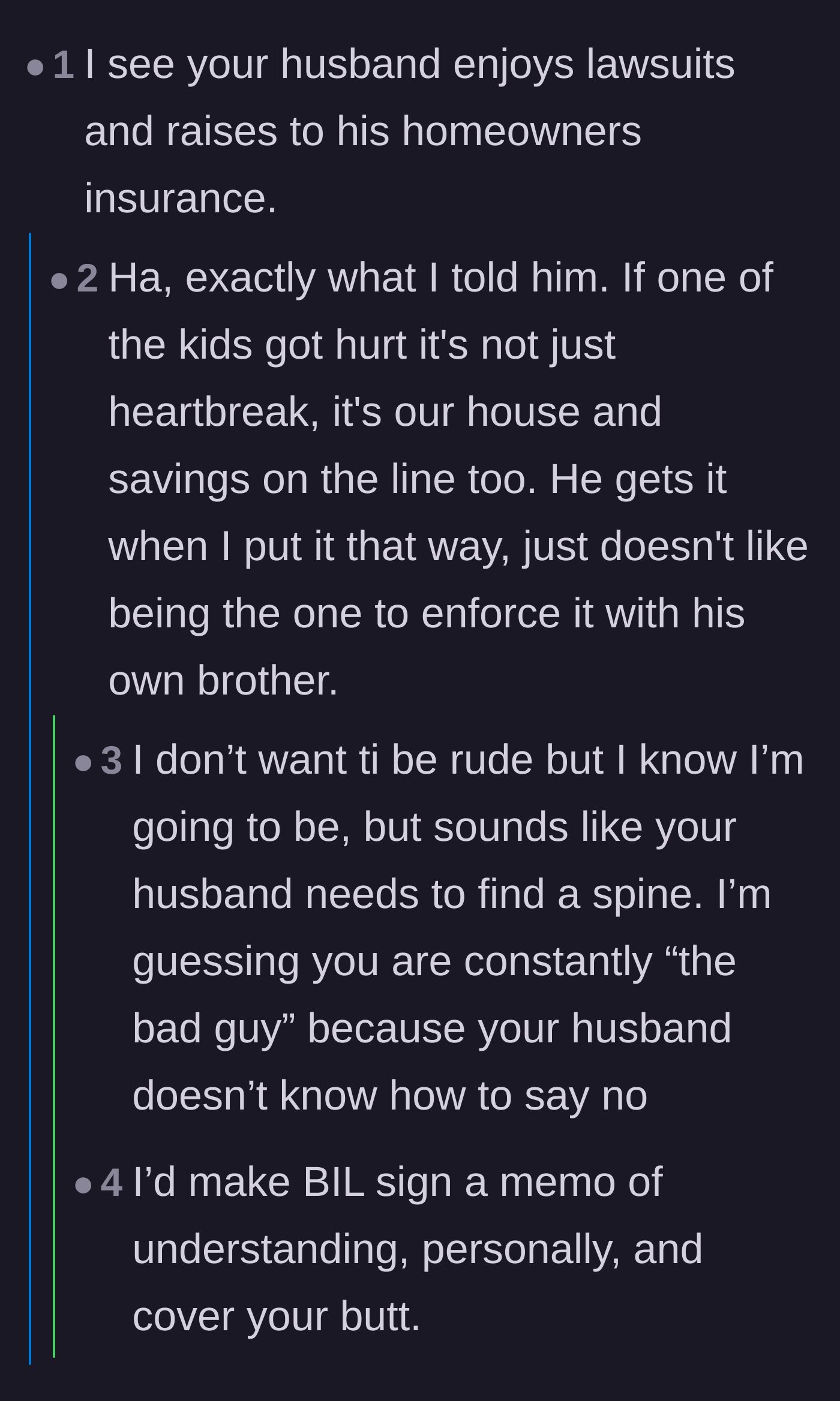 Comment thread 3 - A discussion about the severe financial and legal liabilities of a drowning, leading to criticism of the husband's inability to stand up to his family.
