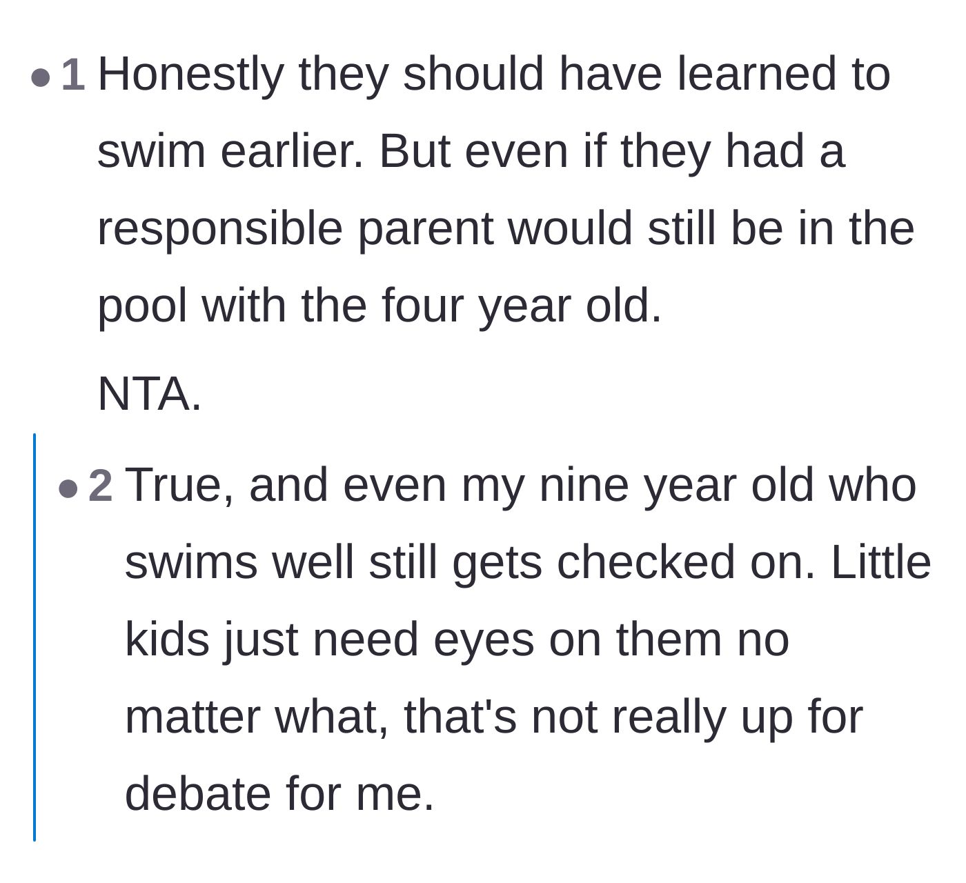 Comment thread 4 - Readers point out that the children should already have had swimming lessons and that a four-year-old needs a parent in the water regardless.