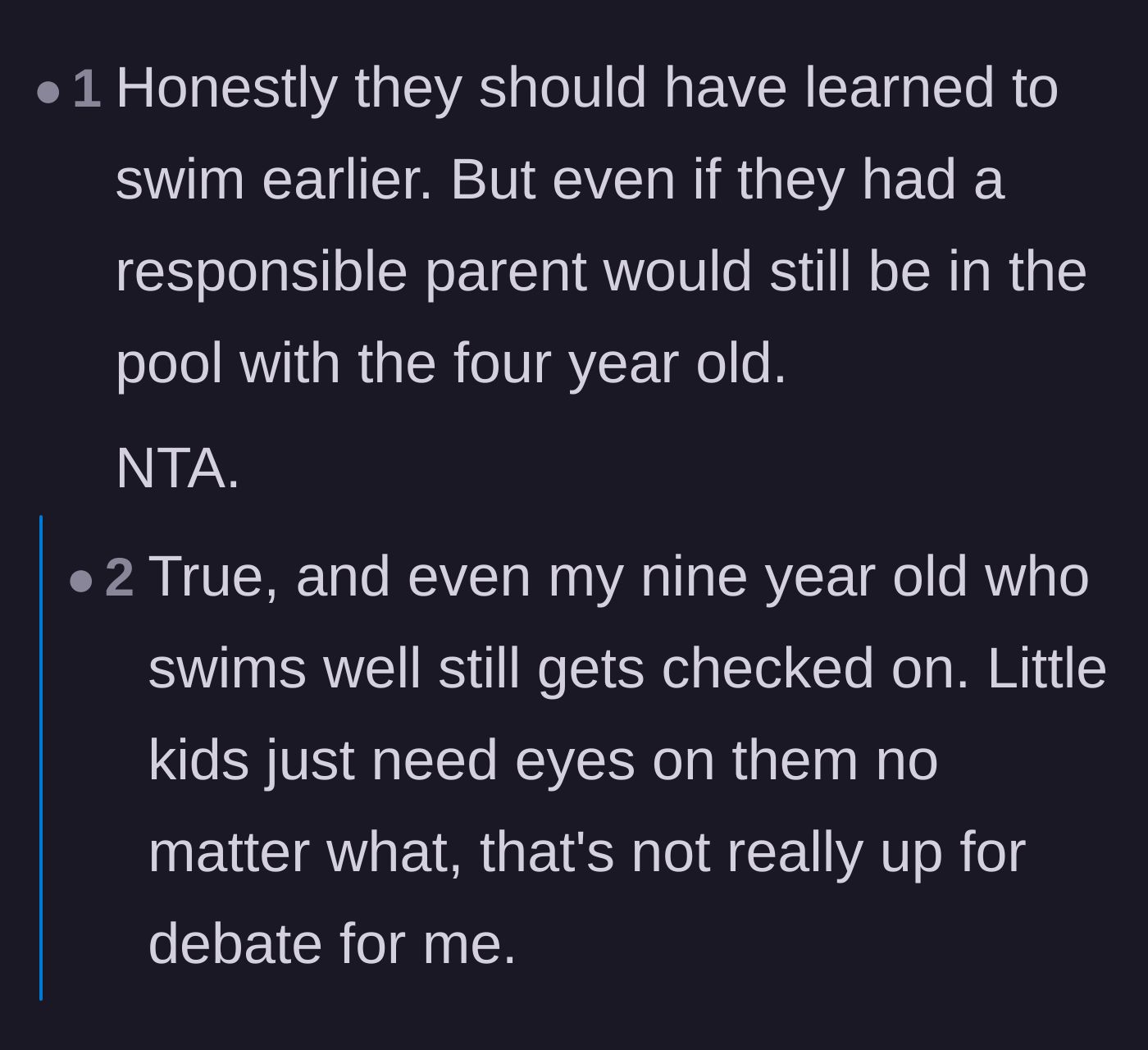 Comment thread 4 - Readers point out that the children should already have had swimming lessons and that a four-year-old needs a parent in the water regardless.