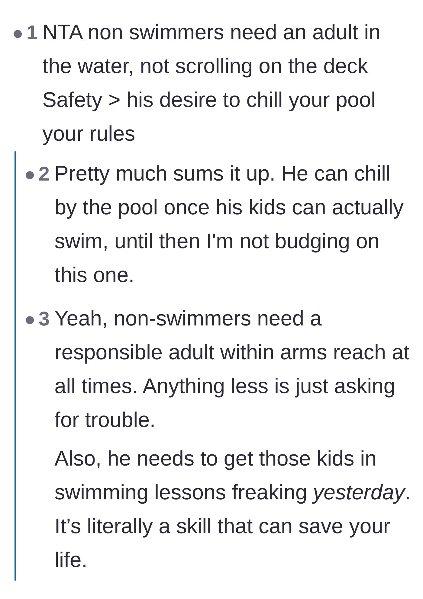 Comment thread 6 - A simple declaration that safety is more important than a parent's desire to chill by the pool, urging the dad to get his kids into swimming lessons.