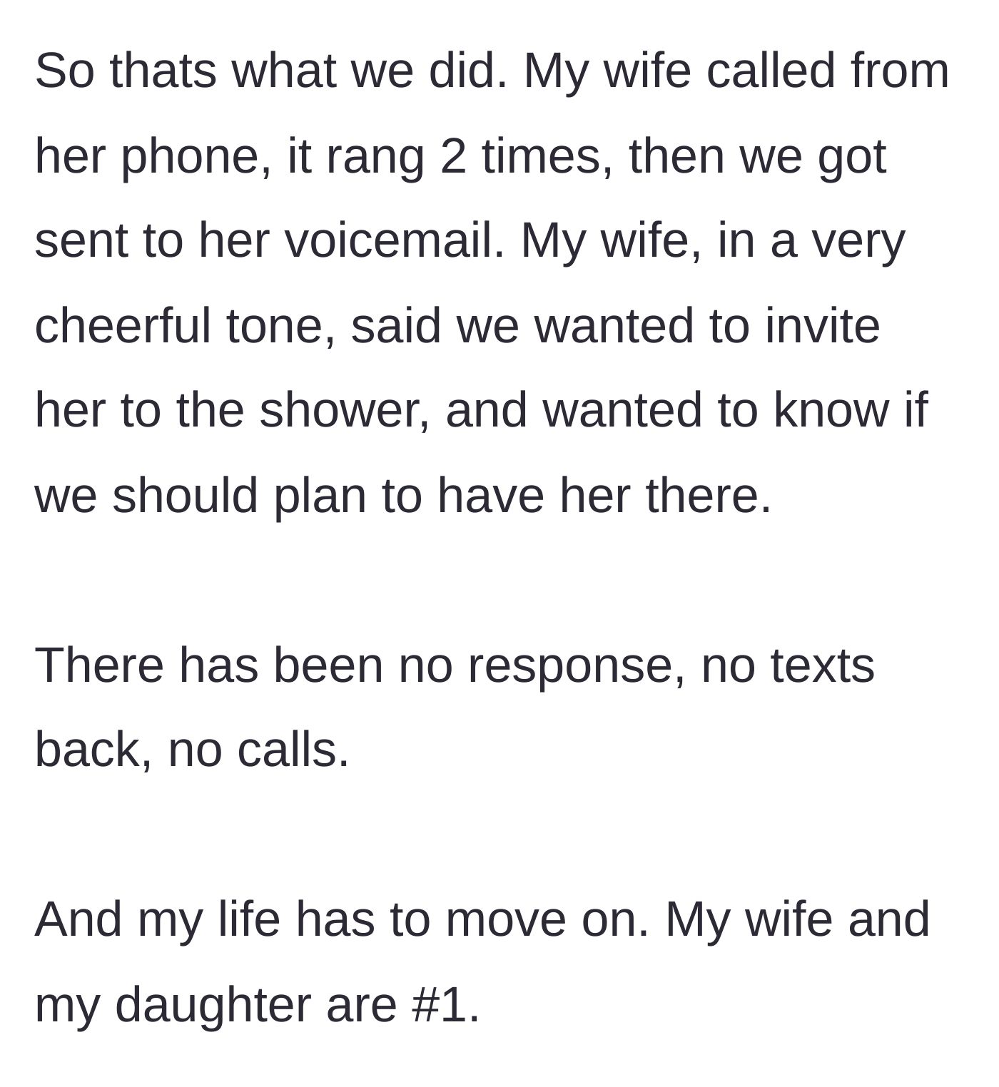 Story part 10 - The wife leaves a cheerful voicemail inviting the sister, which is met with total silence, allowing the couple to finally move on.