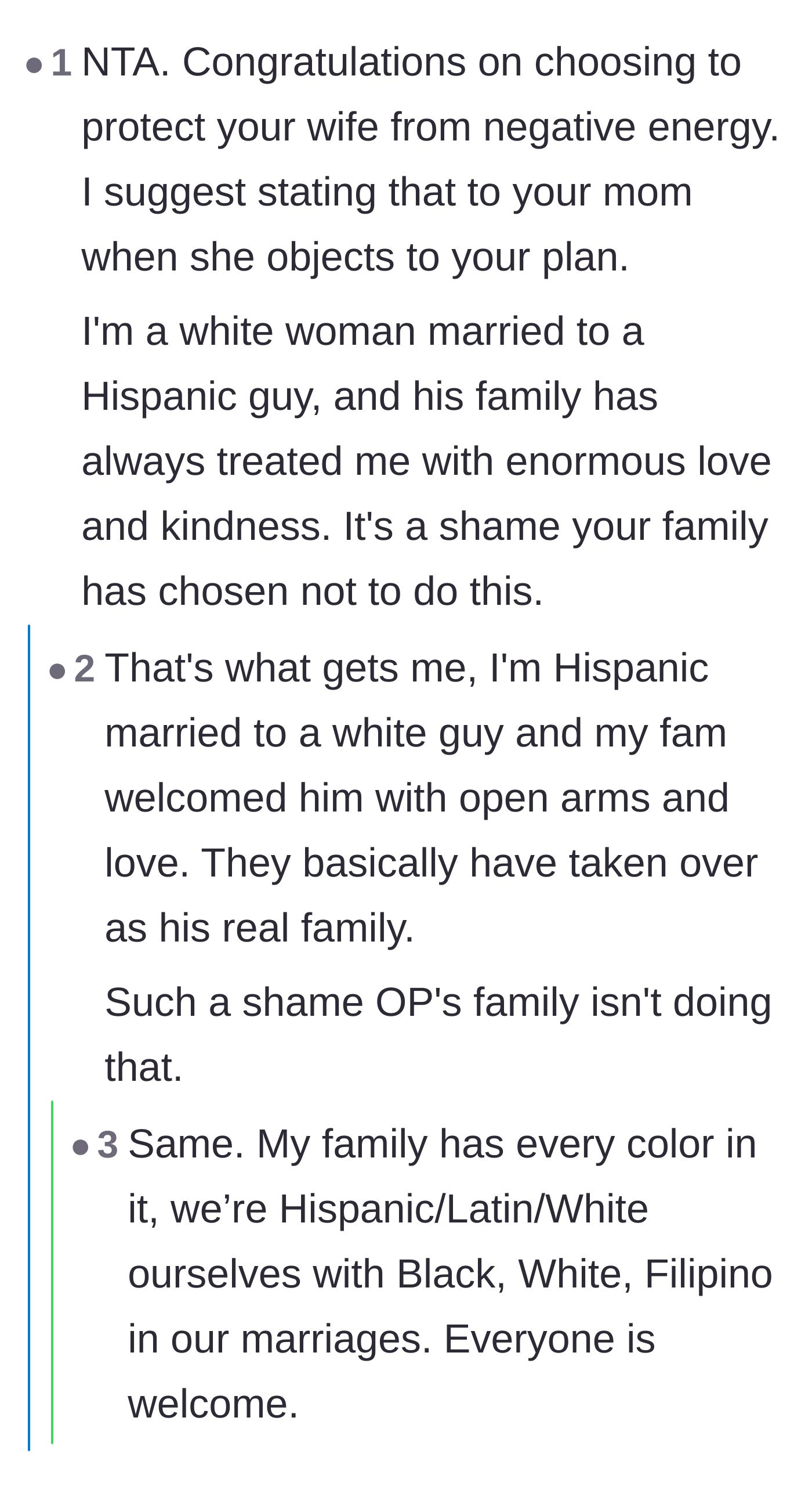 Comment thread 2 - A commenter sharing their own beautiful, welcoming experience in a mixed-race marriage.