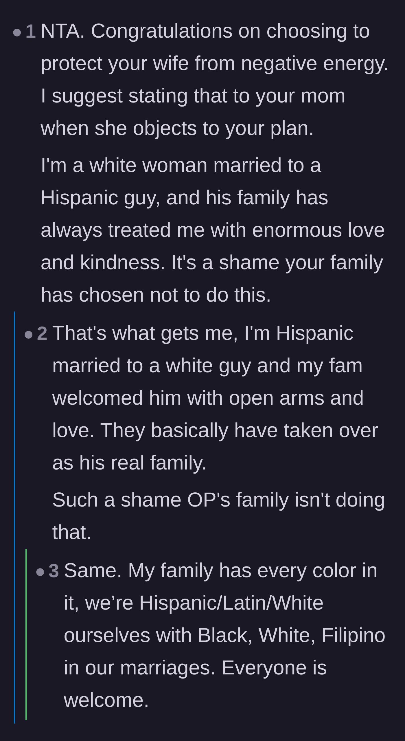 Comment thread 2 - A commenter sharing their own beautiful, welcoming experience in a mixed-race marriage.