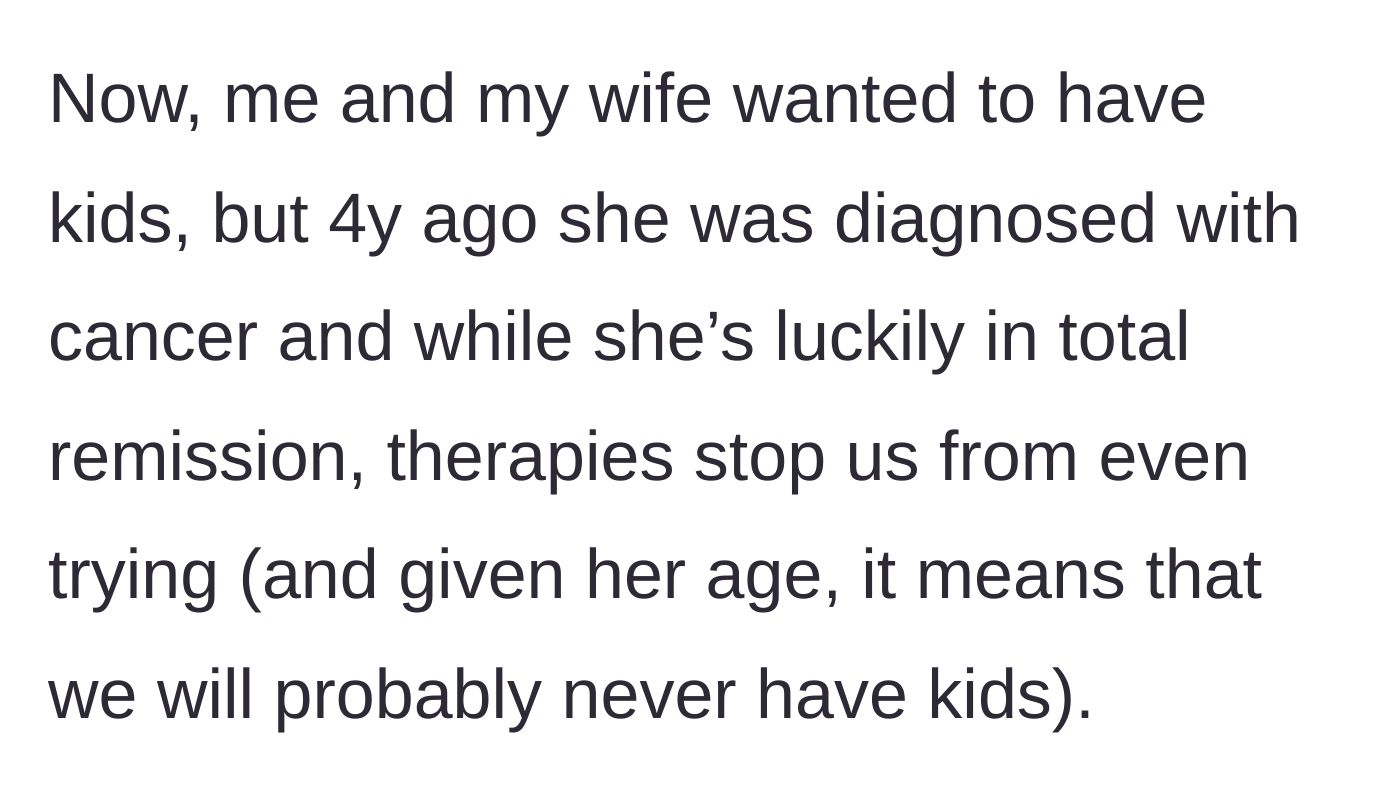 Story part 2 - Revealing the wife's harrowing cancer survival and the devastating reality that treatments left them unable to have children.