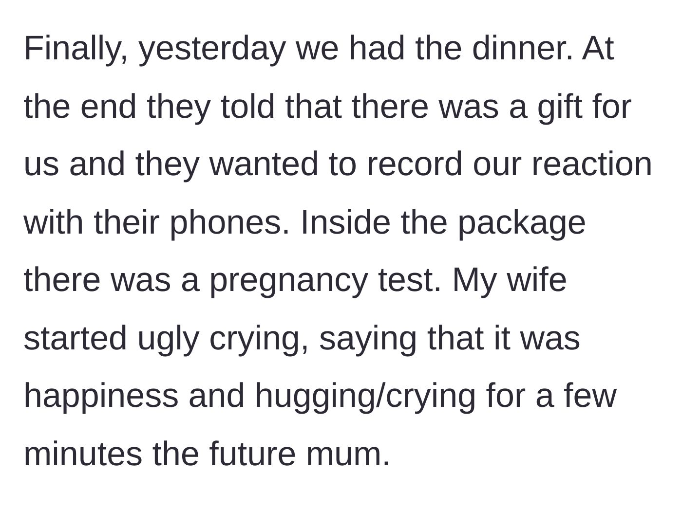 Story part 5 - The family shoving camera phones in the couple's faces to record them unknowingly opening a pregnancy test disguised as a gift.