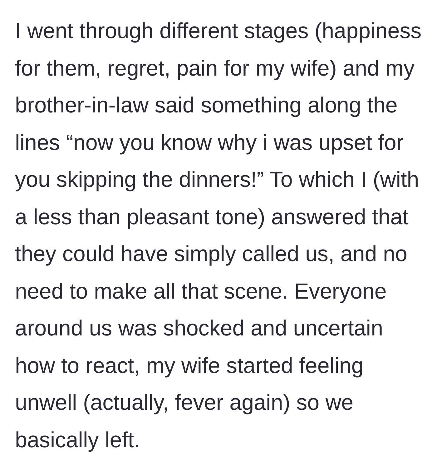Story part 6 - The brother smugly bragging about the reveal, prompting the husband to finally snap, call out their cruelty, and leave with his sick wife.