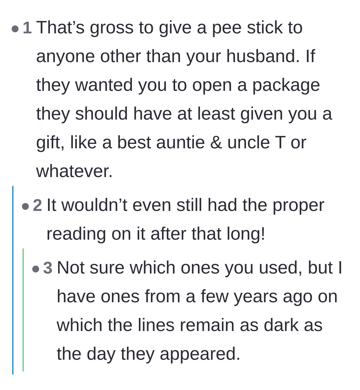 Comment thread 2 - Commenters pointing out the sheer grossness of gifting someone a used, unsanitary pregnancy test.