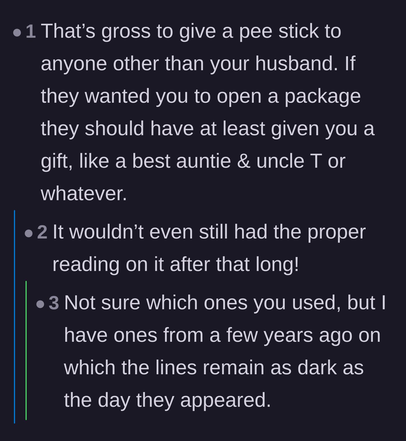 Comment thread 2 - Commenters pointing out the sheer grossness of gifting someone a used, unsanitary pregnancy test.