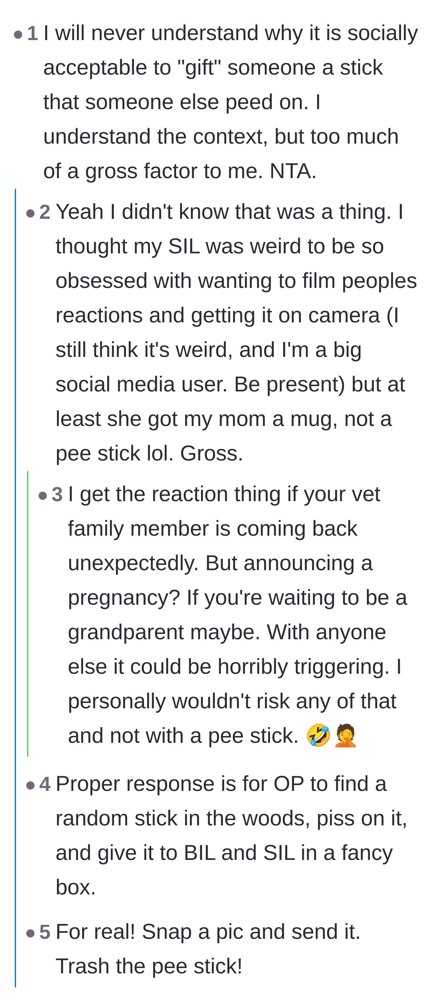 Comment thread 5 - A hilarious but pointed critique of the bizarre cultural trend of gifting pee sticks and filming the cringe.