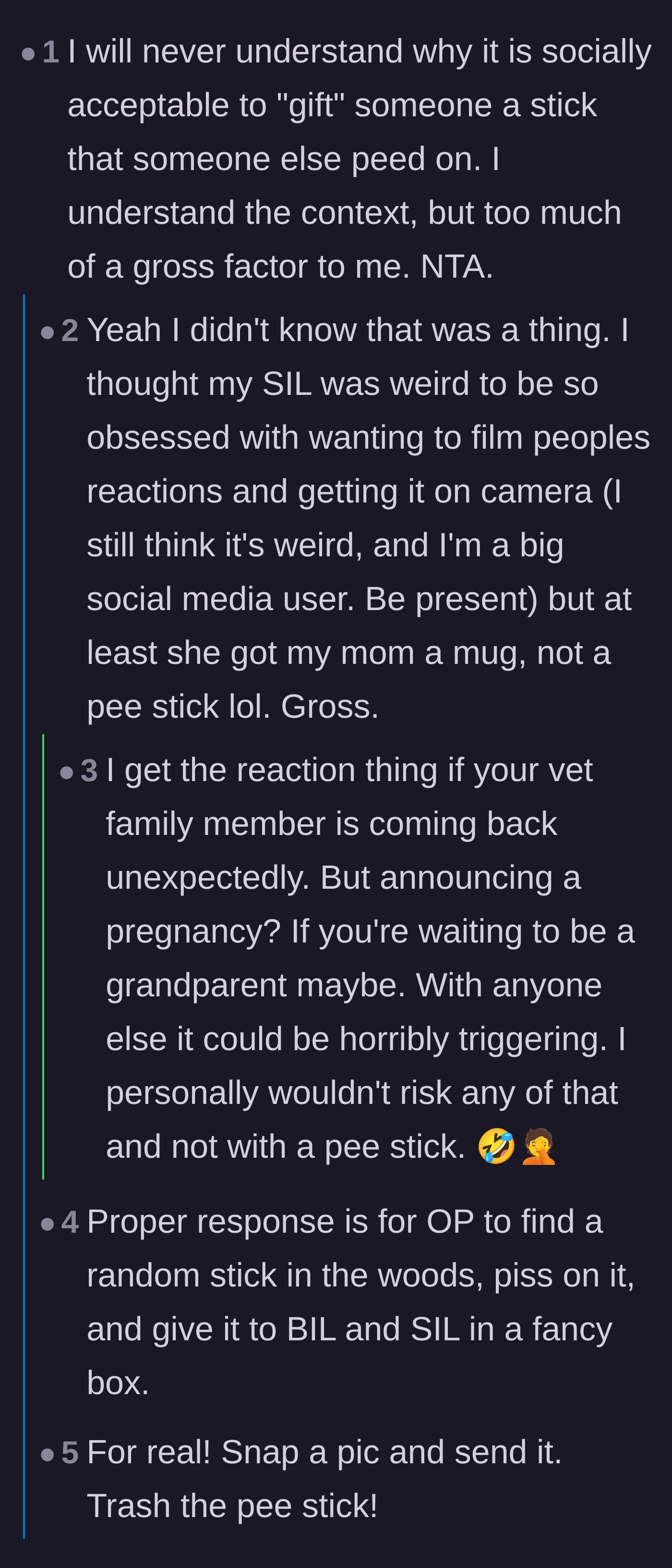 Comment thread 5 - A hilarious but pointed critique of the bizarre cultural trend of gifting pee sticks and filming the cringe.