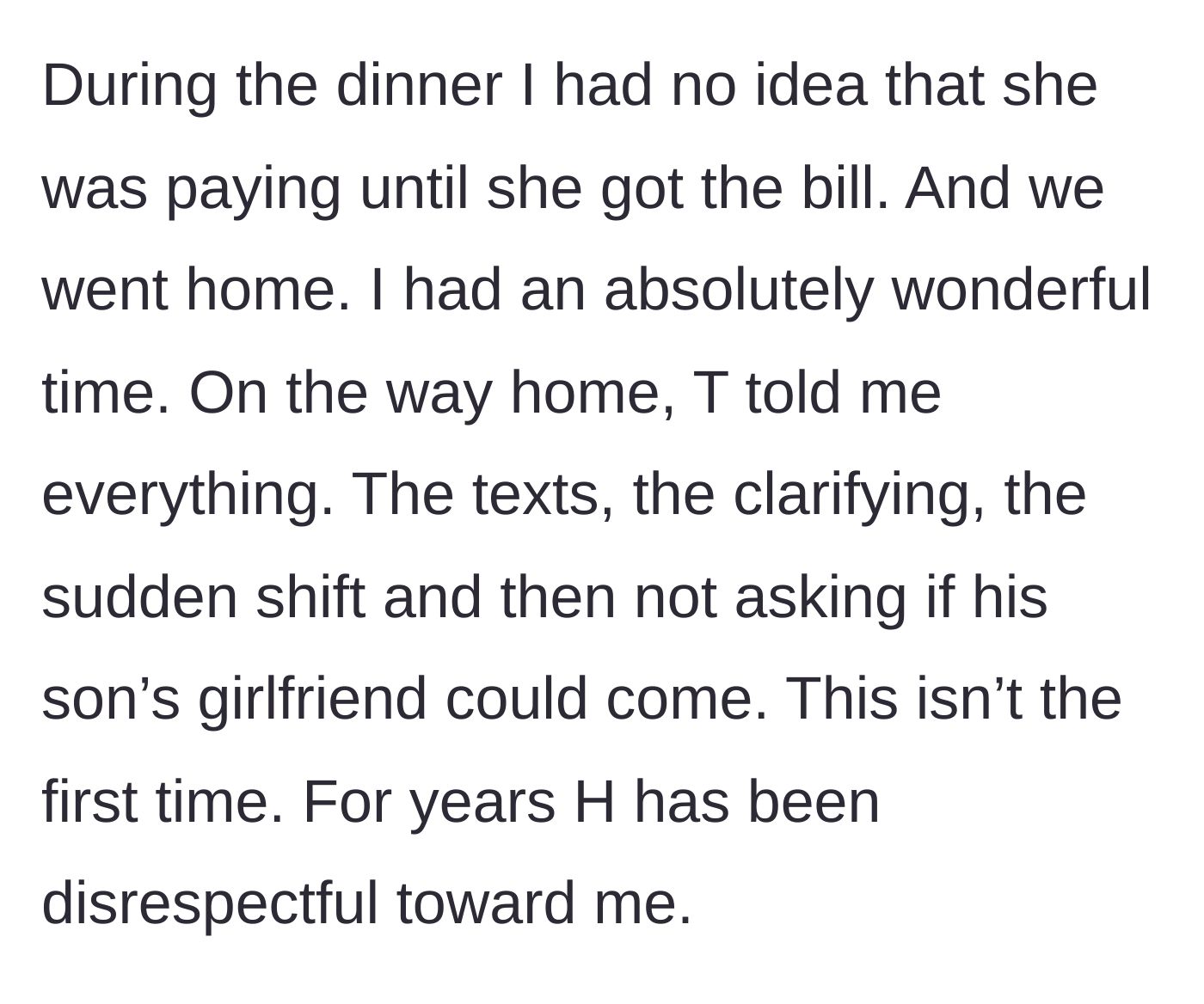 Story part 4 - The birthday boy enjoys his dinner unaware of the behind-the-scenes drama until his wife reveals the truth on the drive home.