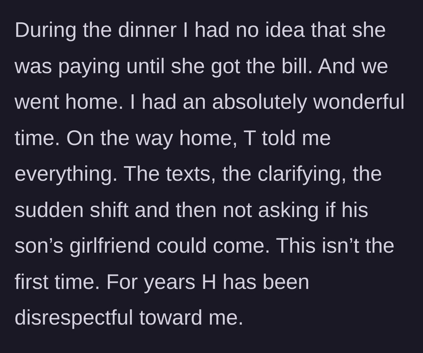 Story part 4 - The birthday boy enjoys his dinner unaware of the behind-the-scenes drama until his wife reveals the truth on the drive home.