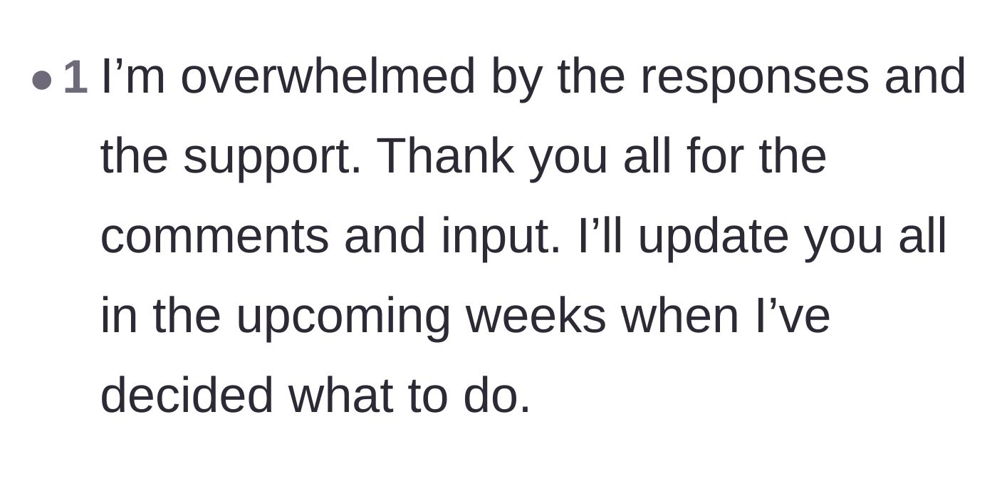 Comment thread 6 - The husband thanks the community for their overwhelming support and promises a future update on the family fallout