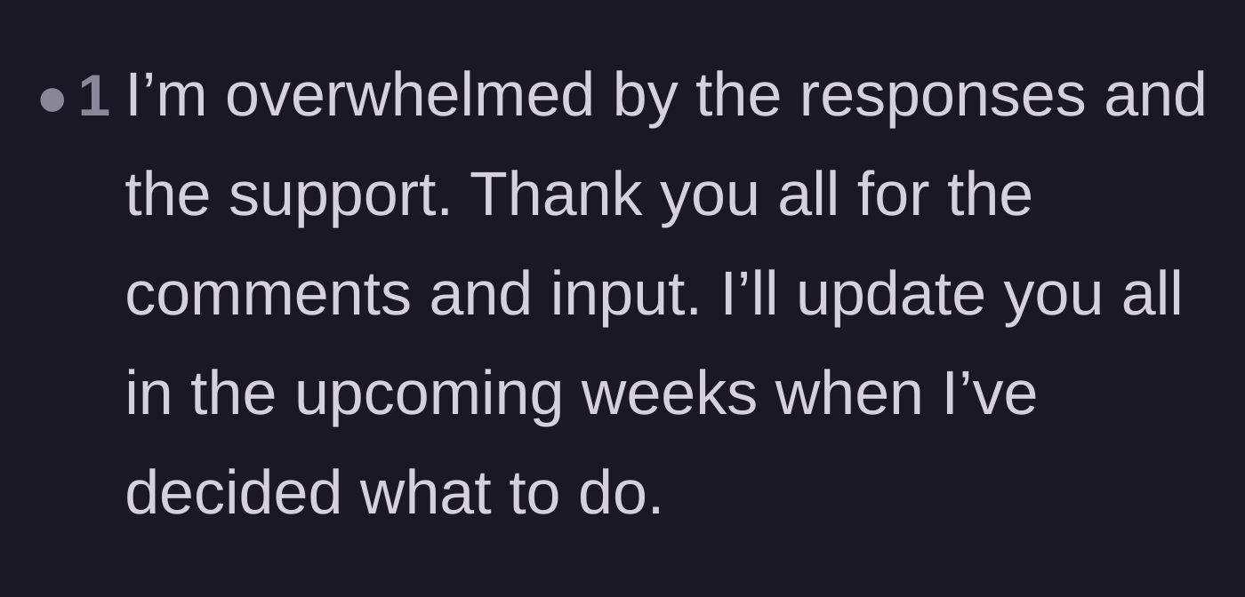 Comment thread 6 - The husband thanks the community for their overwhelming support and promises a future update on the family fallout