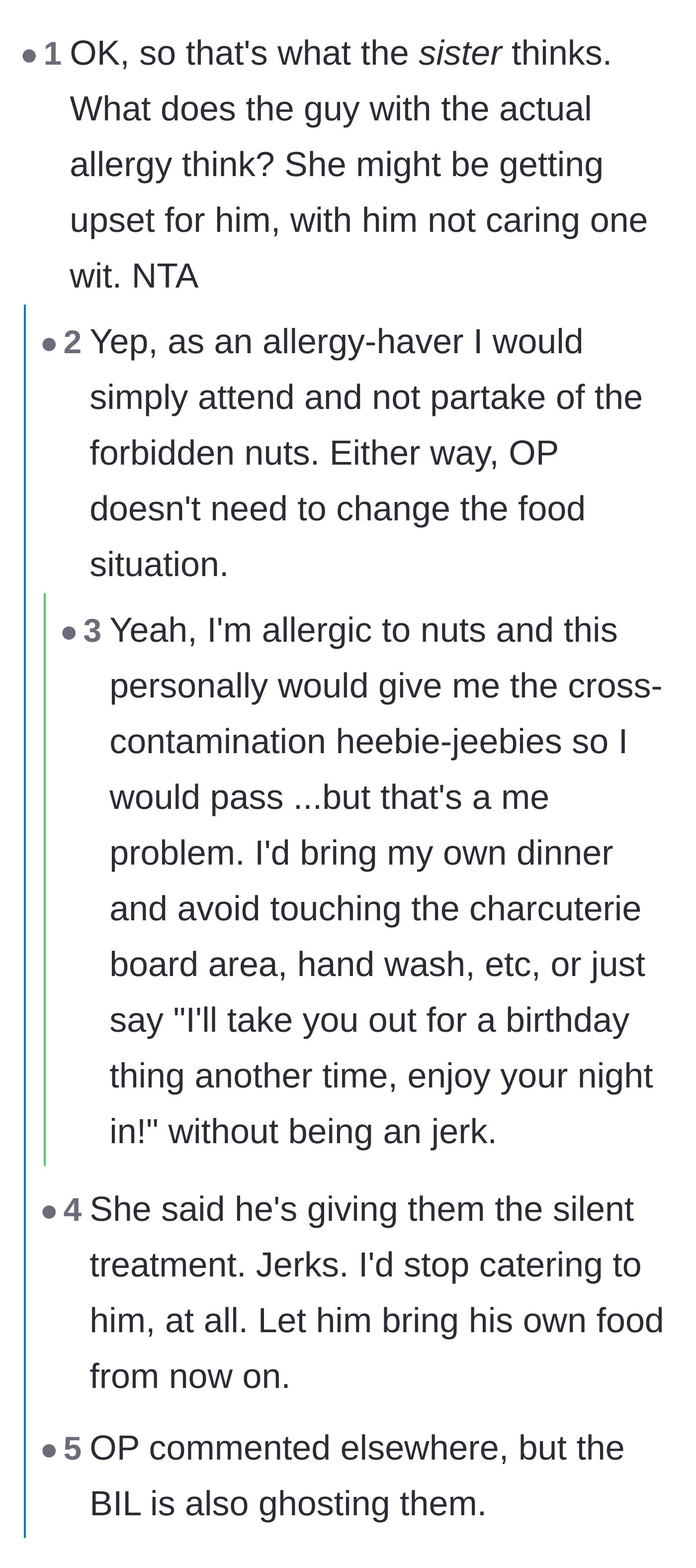 Comment thread 2 - People with actual severe allergies pointing out how easily this could have been handled without the fiancé's manipulative silent treatment.