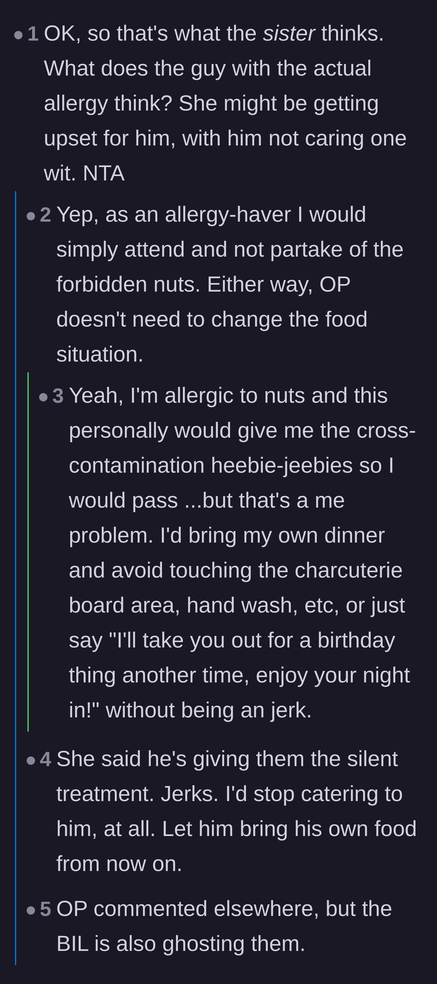 Comment thread 2 - People with actual severe allergies pointing out how easily this could have been handled without the fiancé's manipulative silent treatment.