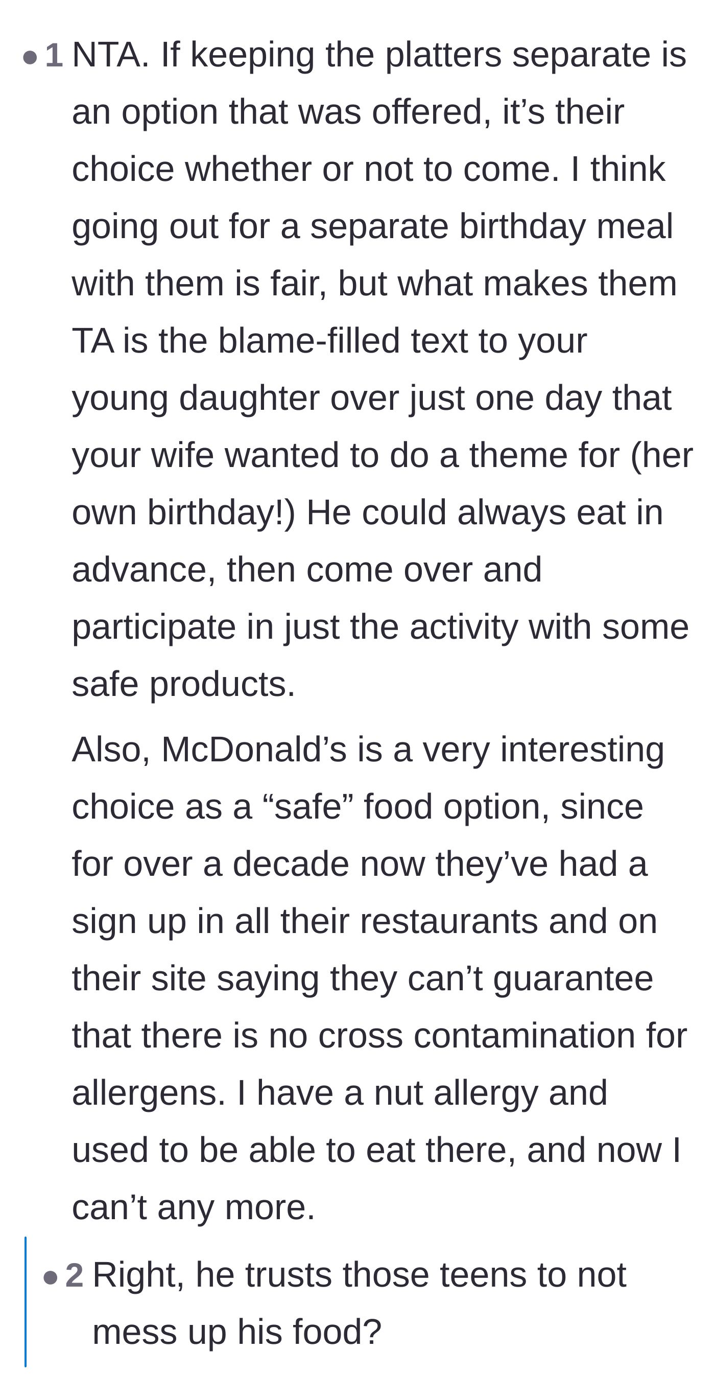 Comment thread 3 - Readers suspecting the fiancé is faking the severity of his allergy because his 'safe' fast-food choices have massive cross-contamination risks.