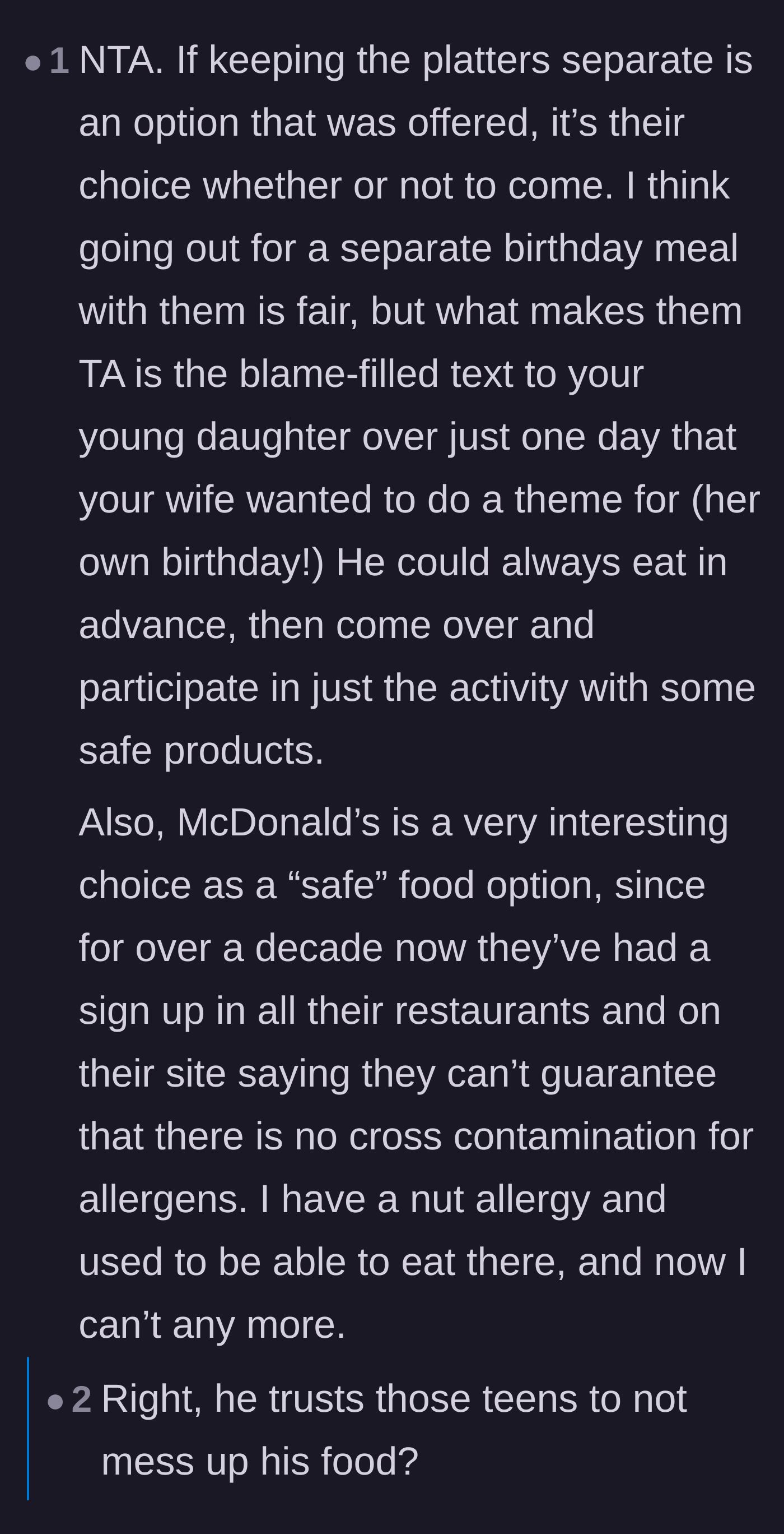 Comment thread 3 - Readers suspecting the fiancé is faking the severity of his allergy because his 'safe' fast-food choices have massive cross-contamination risks.