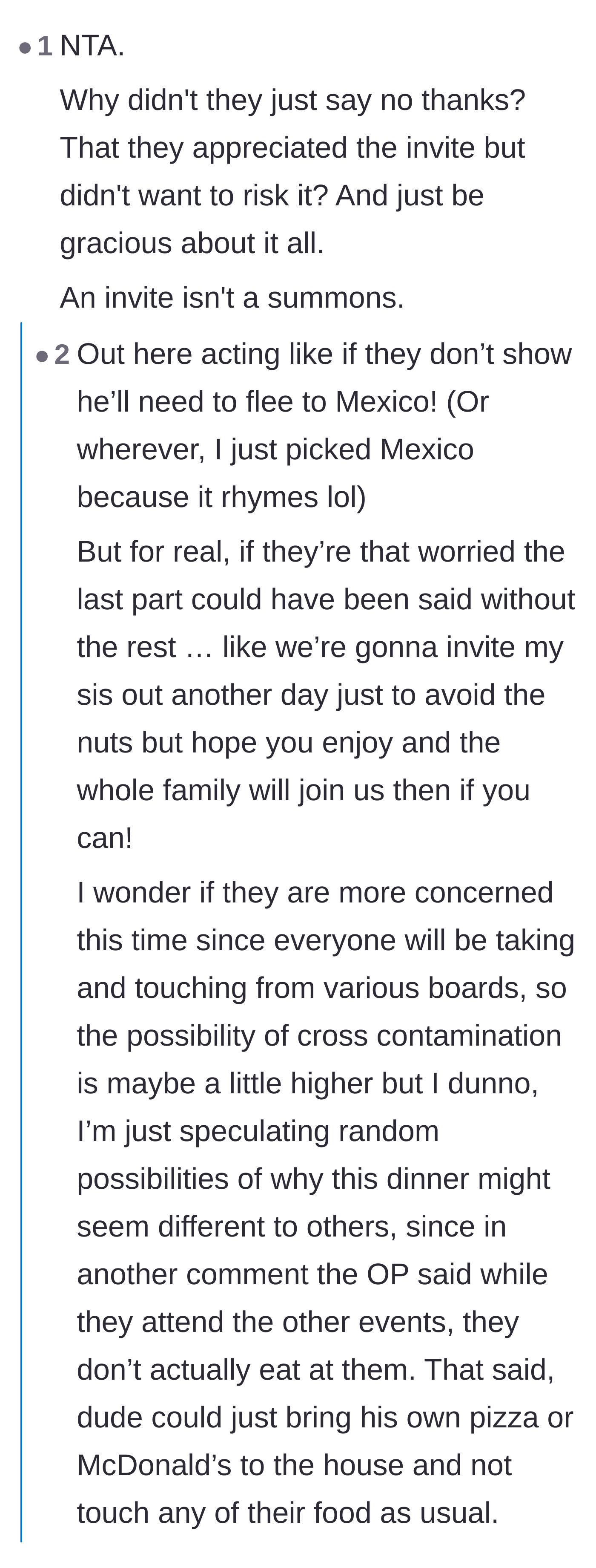 Comment thread 4 - Discussion on how the in-laws could have simply and politely declined the invitation instead of causing a massive scene.