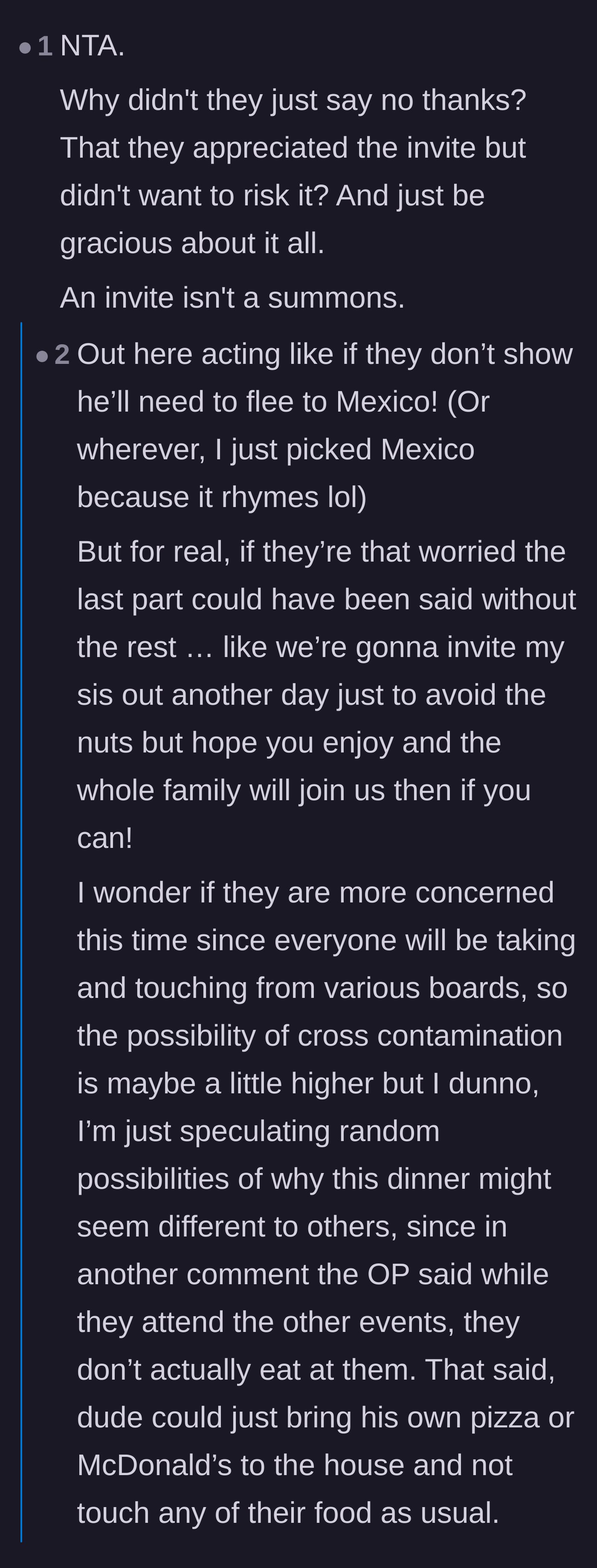 Comment thread 4 - Discussion on how the in-laws could have simply and politely declined the invitation instead of causing a massive scene.