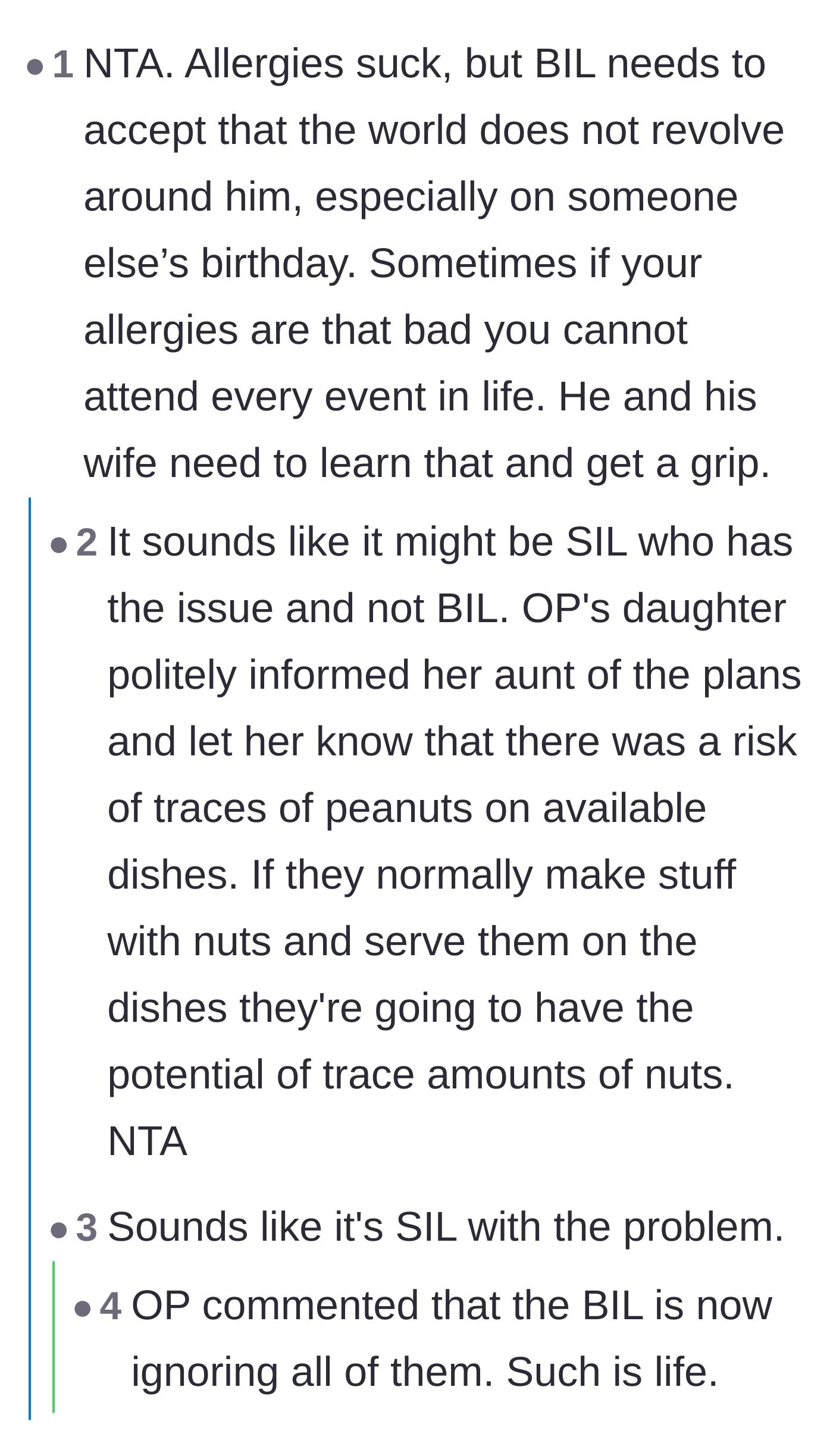 Comment thread 6 - Advice that people with severe allergies must accept they can't attend every event and shouldn't expect the world to revolve around them.