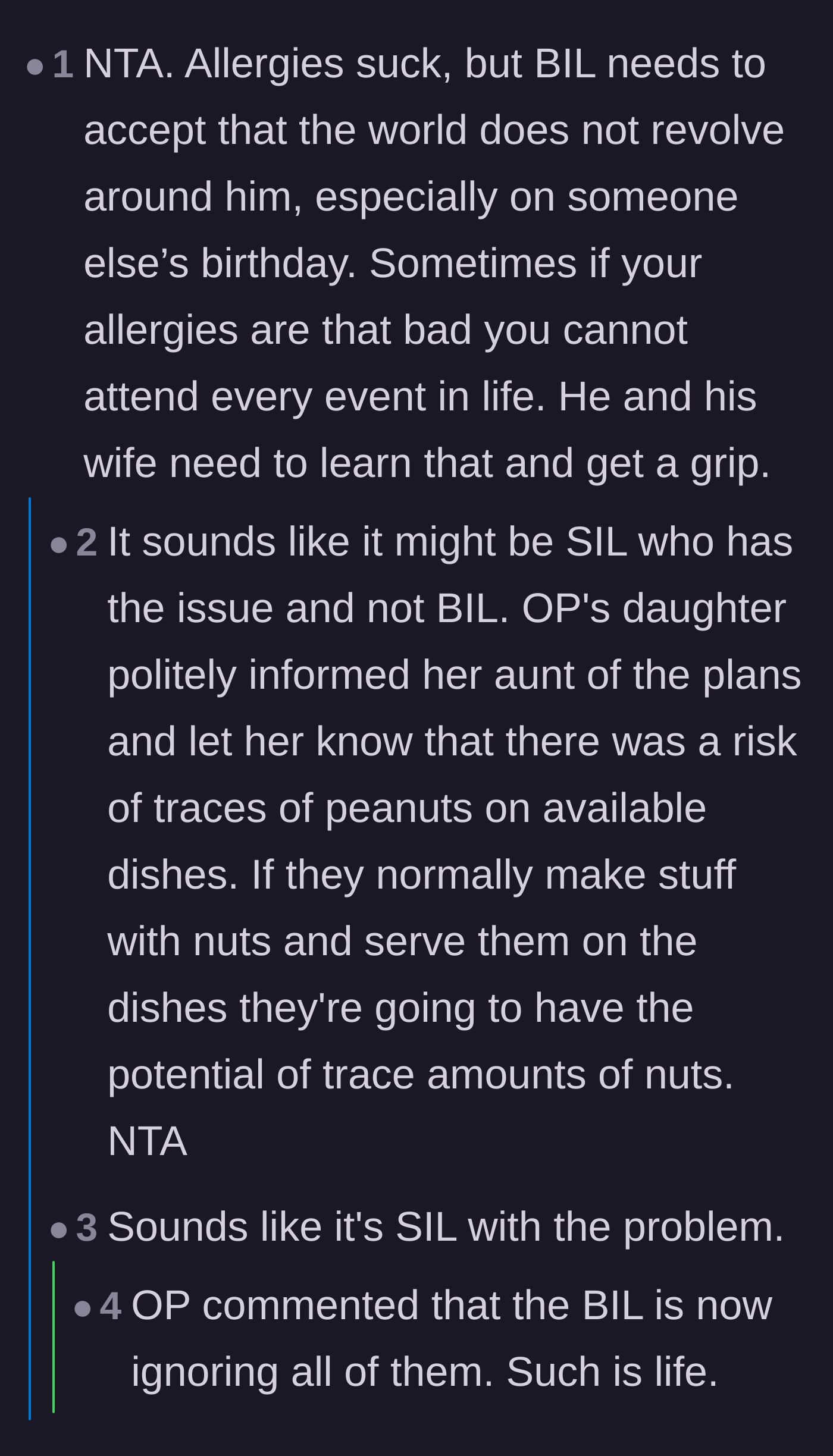 Comment thread 6 - Advice that people with severe allergies must accept they can't attend every event and shouldn't expect the world to revolve around them.
