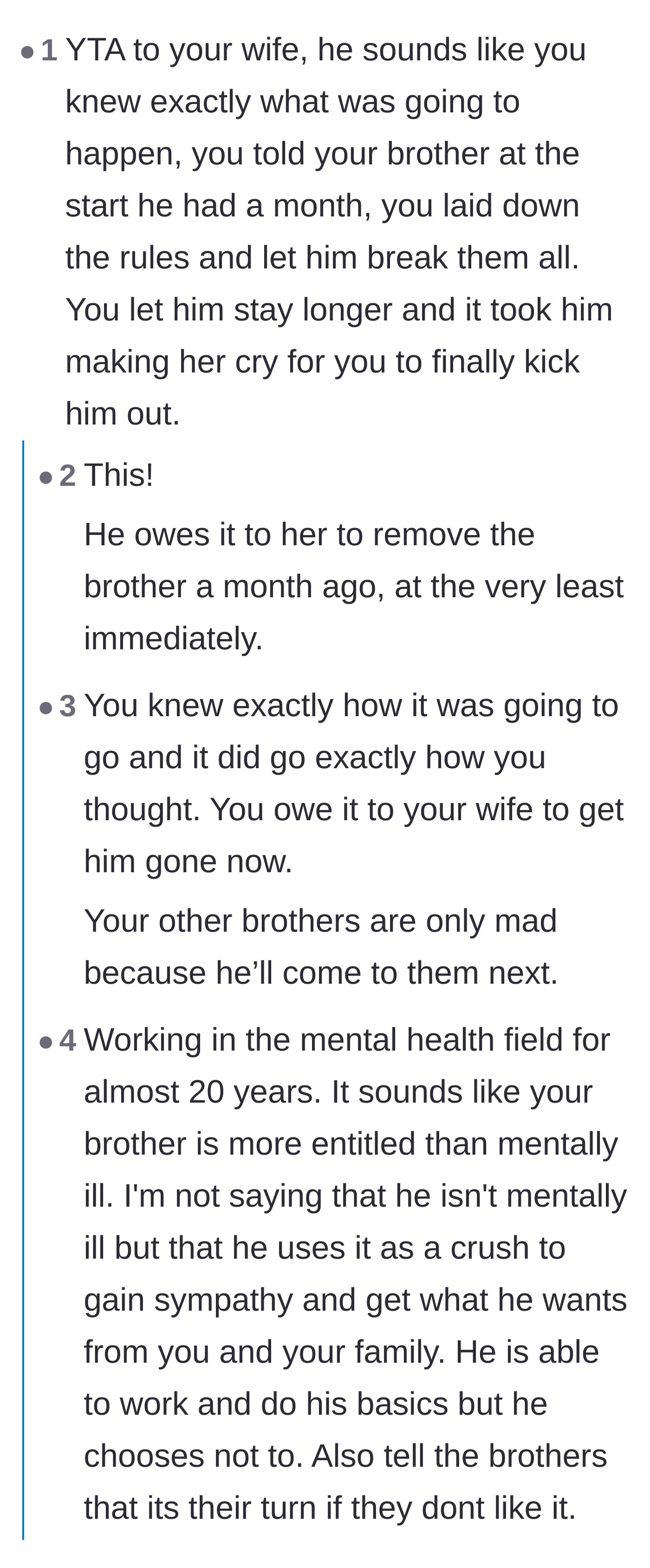 Comment thread 1 - Debate over the husband's failure to enforce boundaries sooner and the brother's weaponization of mental health.