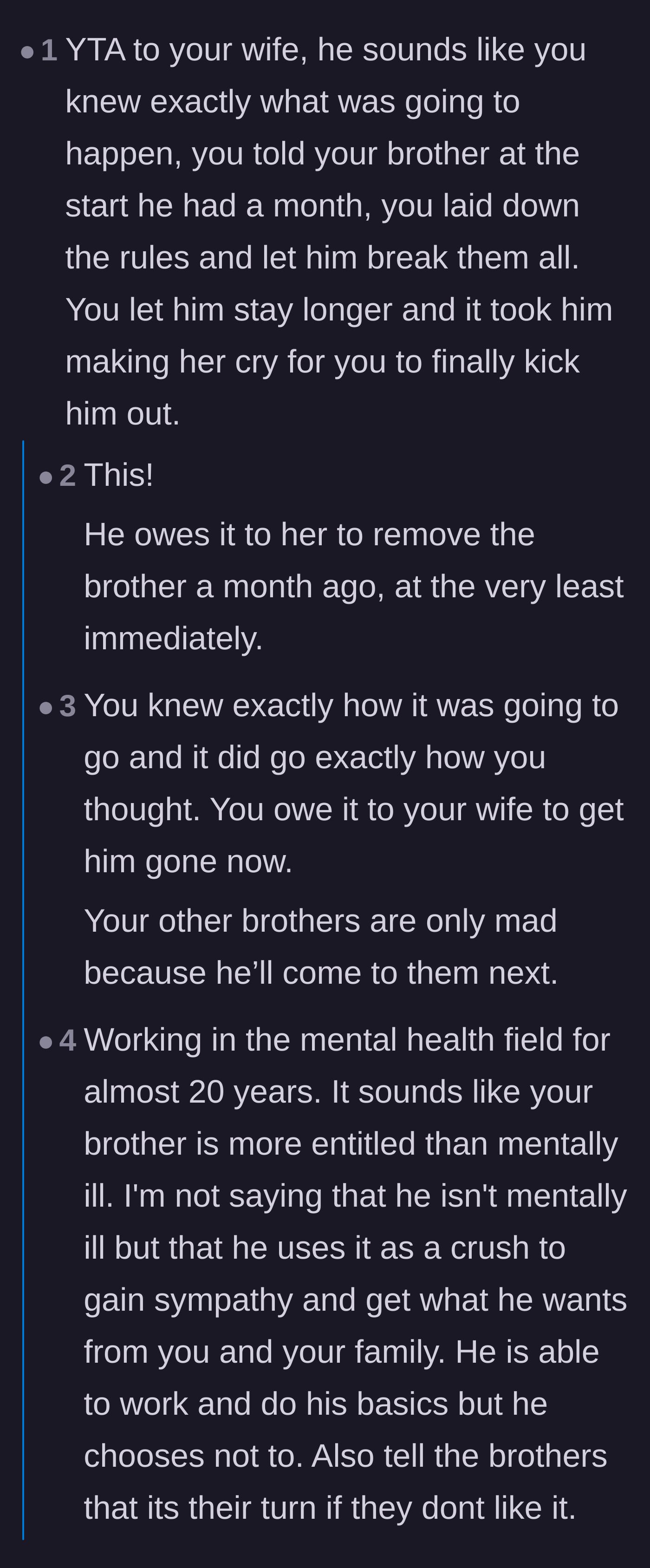 Comment thread 1 - Debate over the husband's failure to enforce boundaries sooner and the brother's weaponization of mental health.
