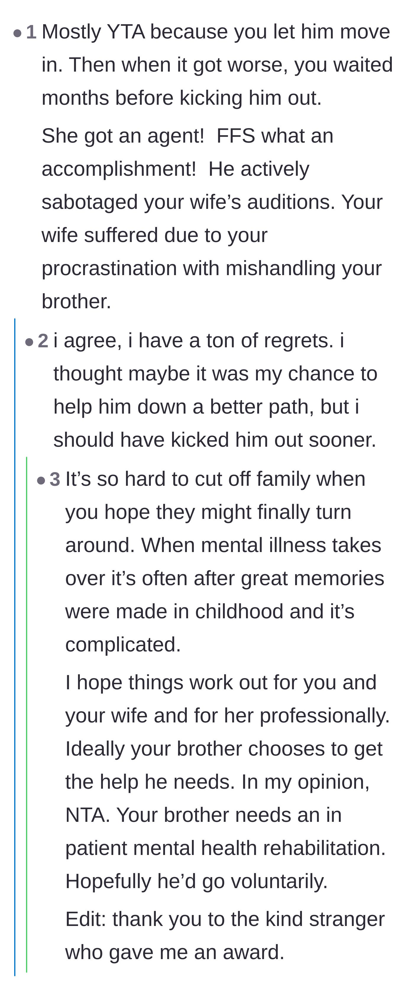 Comment thread 2 - Discussion on how the husband's procrastination severely impacted his wife's career and mental well-being.