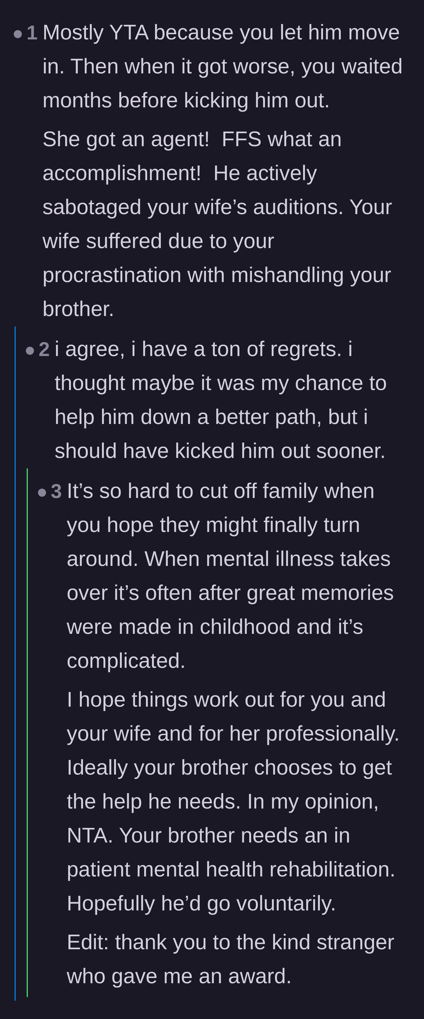 Comment thread 2 - Discussion on how the husband's procrastination severely impacted his wife's career and mental well-being.