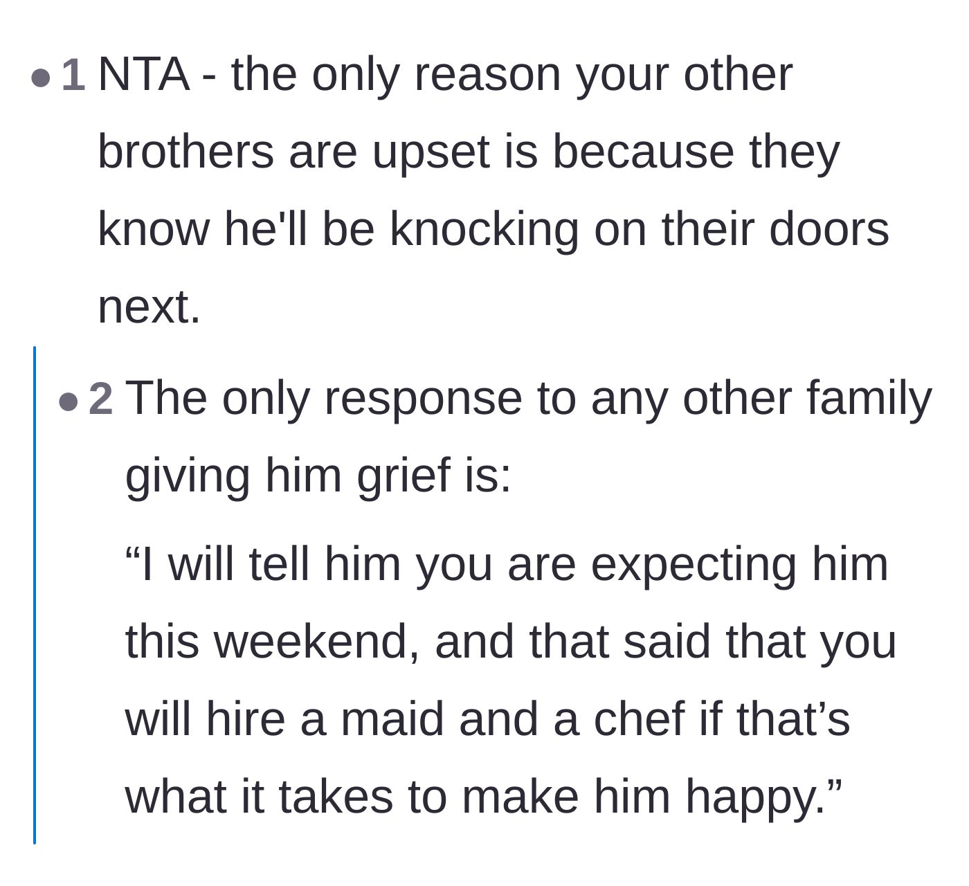 Comment thread 5 - Commentary on the extended family's ulterior motives for defending the entitled brother.