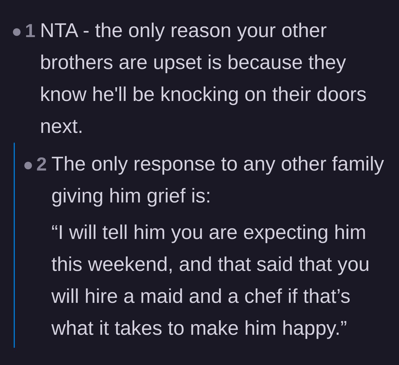 Comment thread 5 - Commentary on the extended family's ulterior motives for defending the entitled brother.