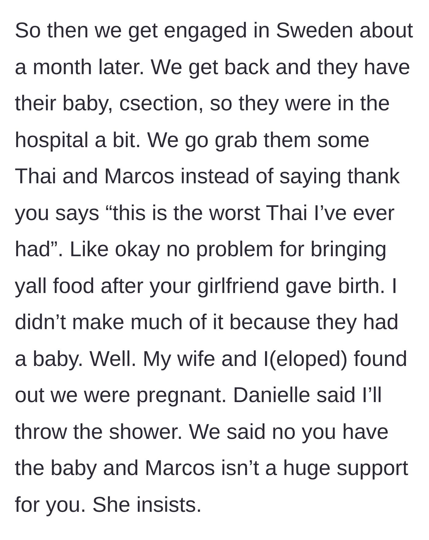 Story part 2 - The main character brings Thai food to the hospital after the twin gives birth, the brother-in-law complains about the food, and the twin insists on hosting the main character's future baby shower.