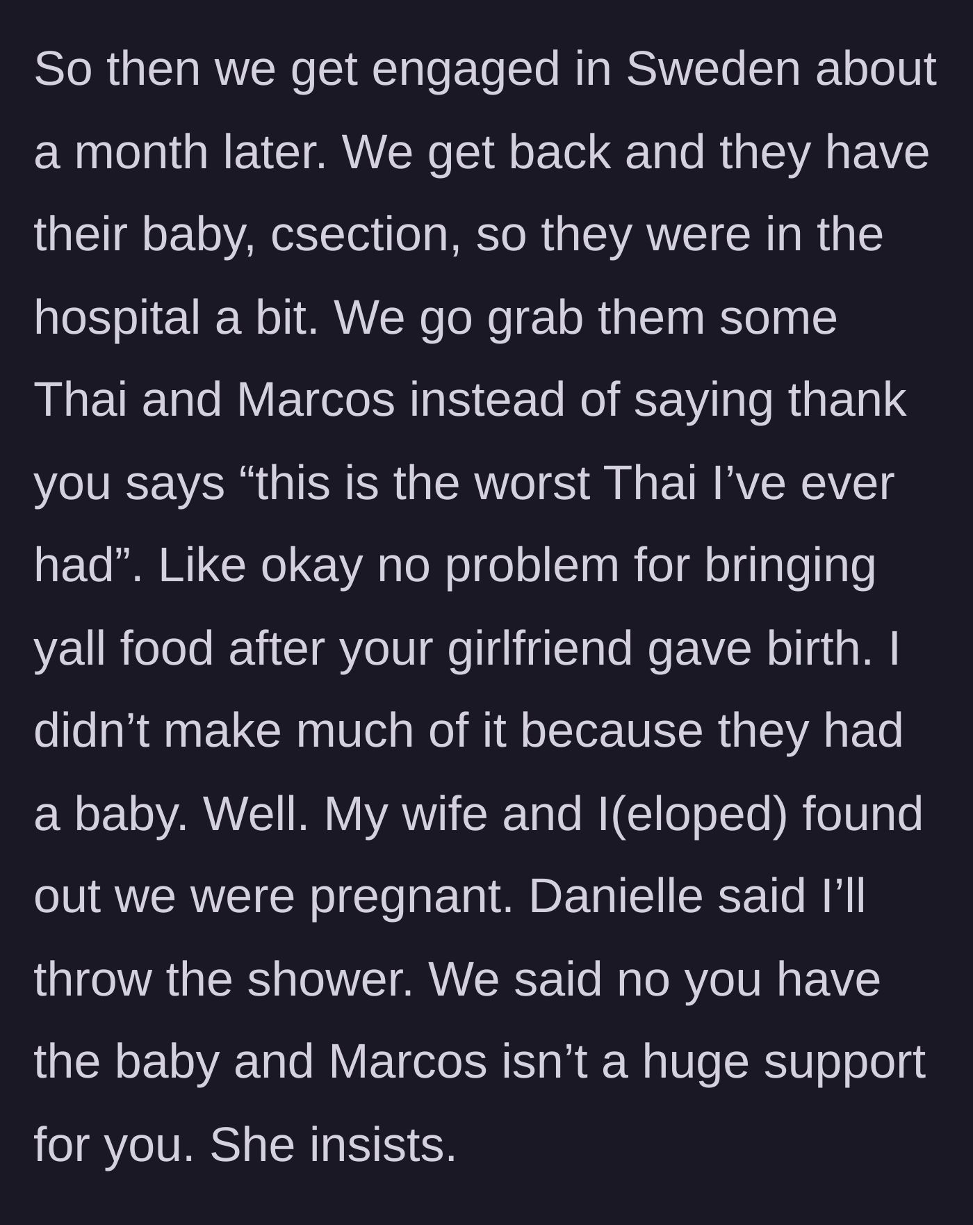 Story part 2 - The main character brings Thai food to the hospital after the twin gives birth, the brother-in-law complains about the food, and the twin insists on hosting the main character's future baby shower.