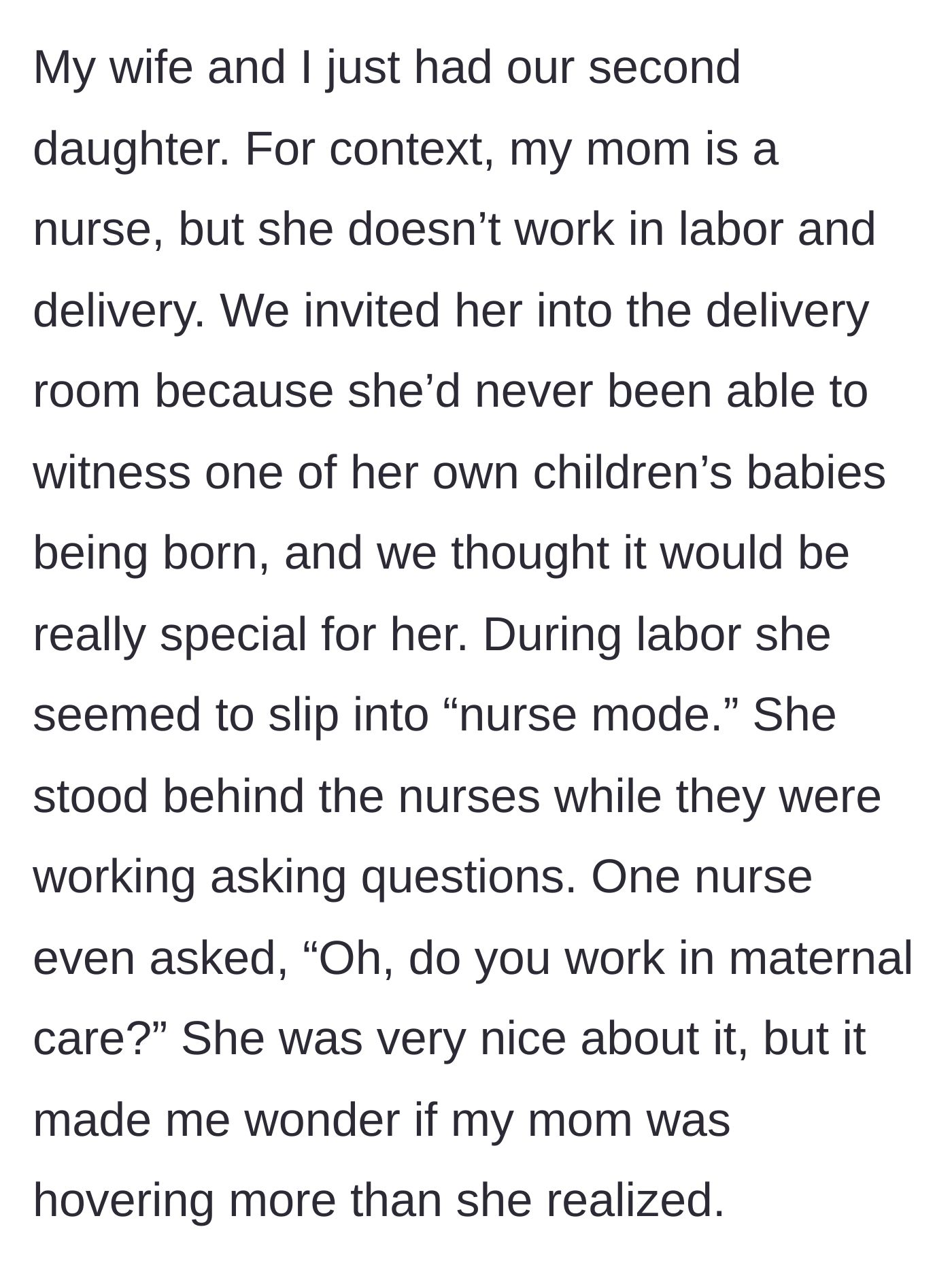 Story part 1 - A mother hovering closely behind working nurses in a hospital room.