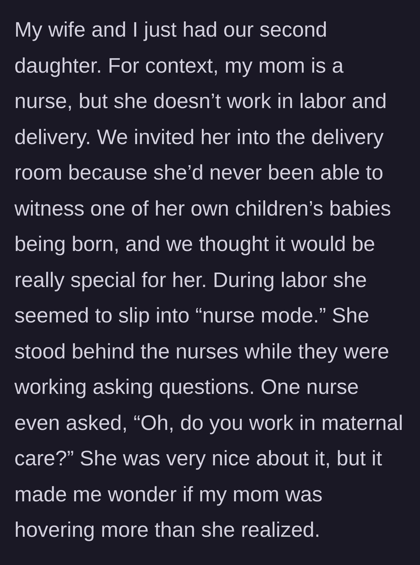 Story part 1 - A mother hovering closely behind working nurses in a hospital room.