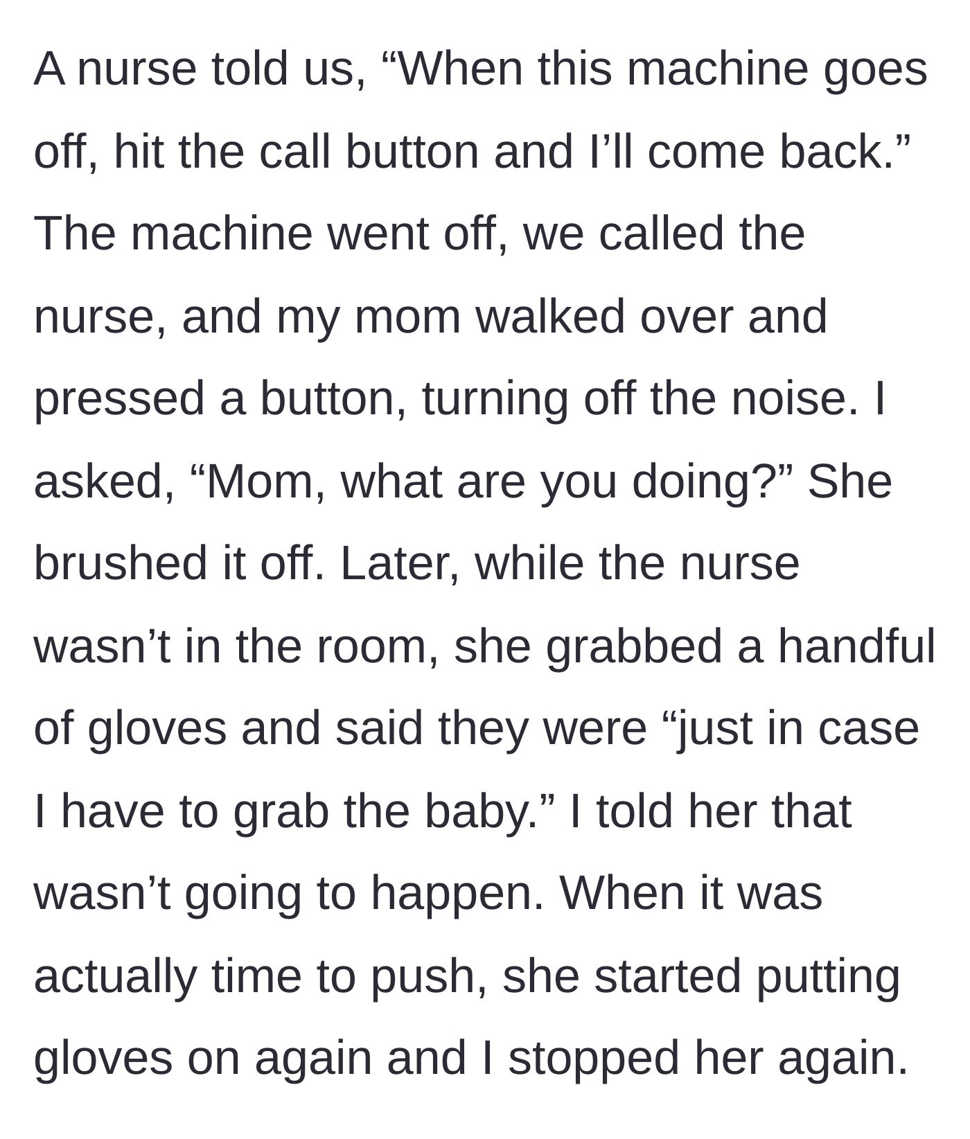 Story part 2 - A grandmother attempting to put on medical gloves during a hospital birth.