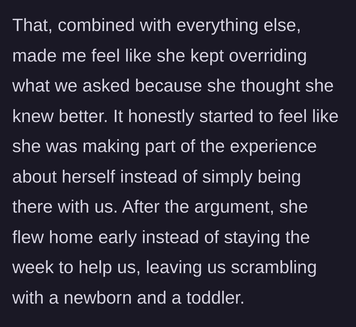 Story part 6 - An angry grandmother packing her bags to abandon her family early.