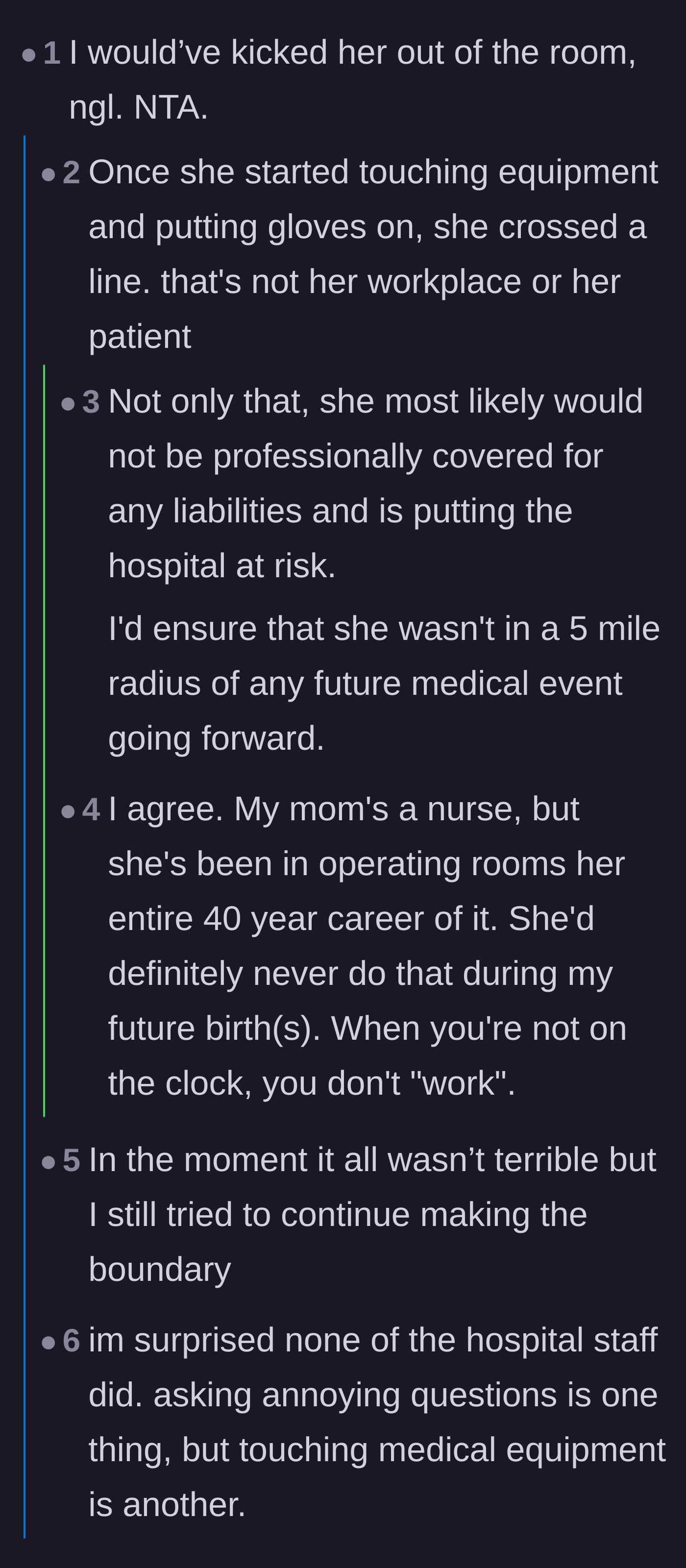 Comment thread 1 - Debate on hospital liability and the husband's failure to enforce a real boundary against the secret filming.