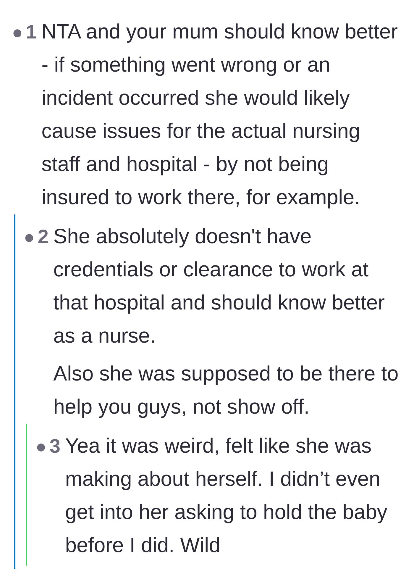 Comment thread 4 - Discussion on the mother lacking hospital credentials and her audacious demand to hold the newborn first.
