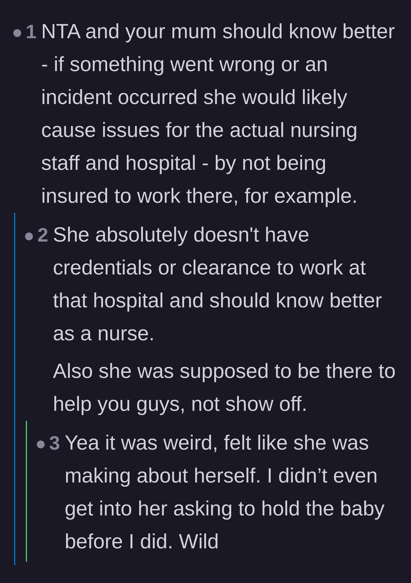 Comment thread 4 - Discussion on the mother lacking hospital credentials and her audacious demand to hold the newborn first.