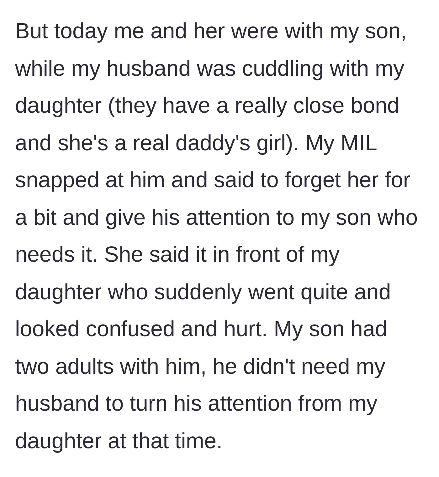 Story part 3 - The mother-in-law snaps at the husband to ignore the toddler and focus on the baby boy, making the little girl look visibly hurt.
