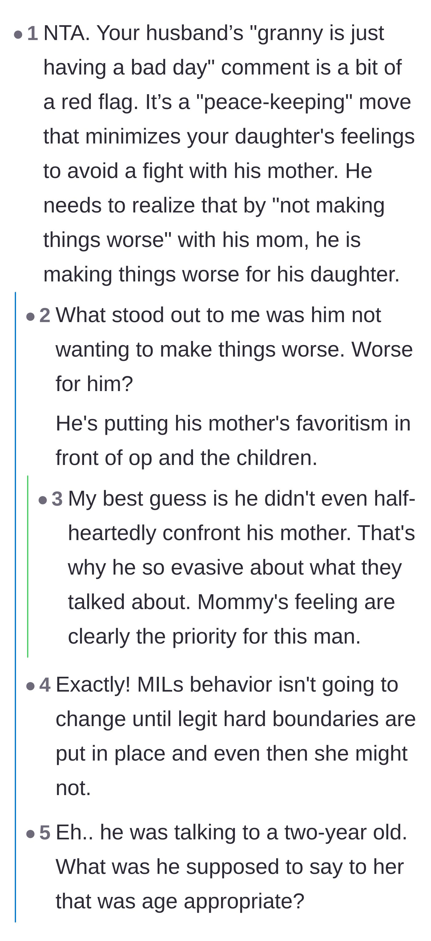 Comment thread 2 - A debate about the husband prioritizing his mother's feelings over his daughter's, and what he should have actually said to comfort the toddler.
