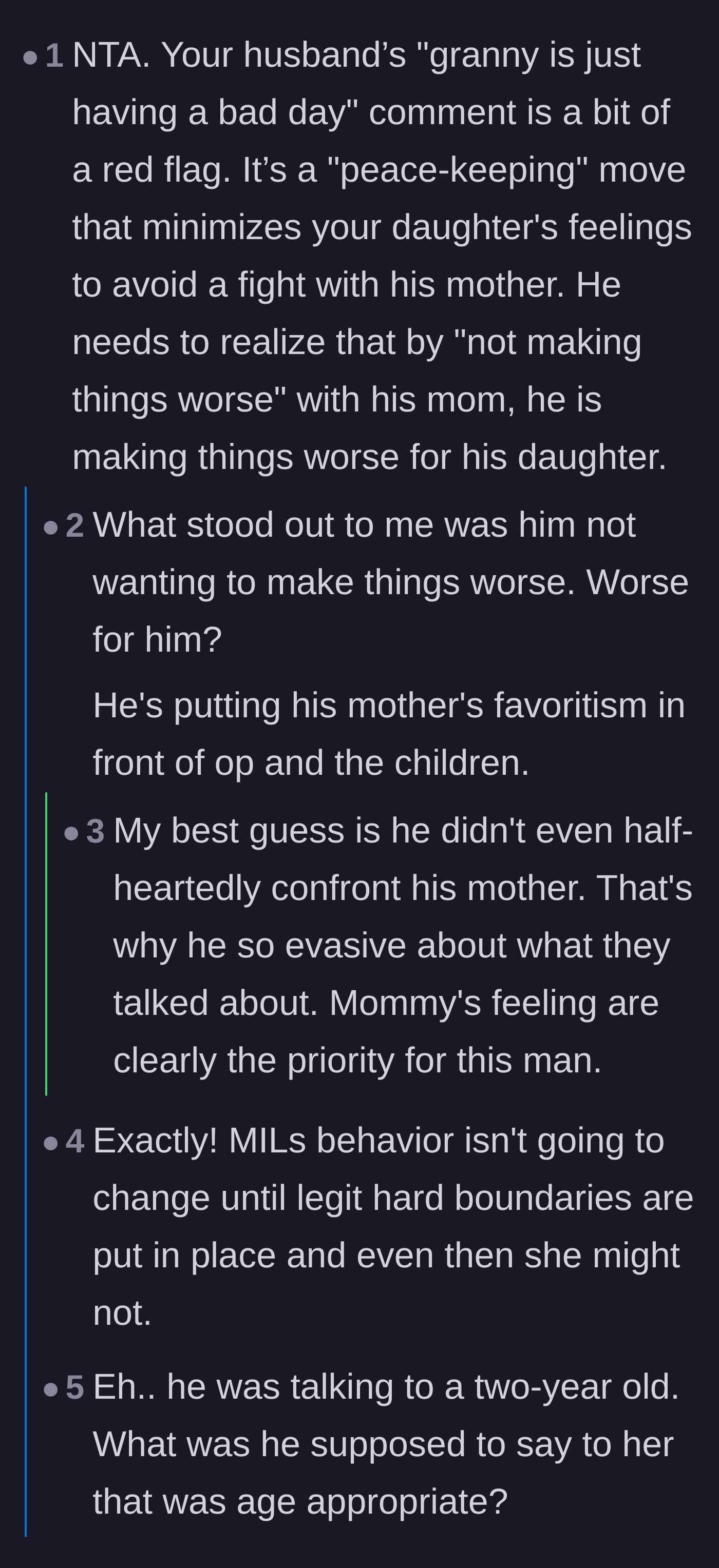 Comment thread 2 - A debate about the husband prioritizing his mother's feelings over his daughter's, and what he should have actually said to comfort the toddler.