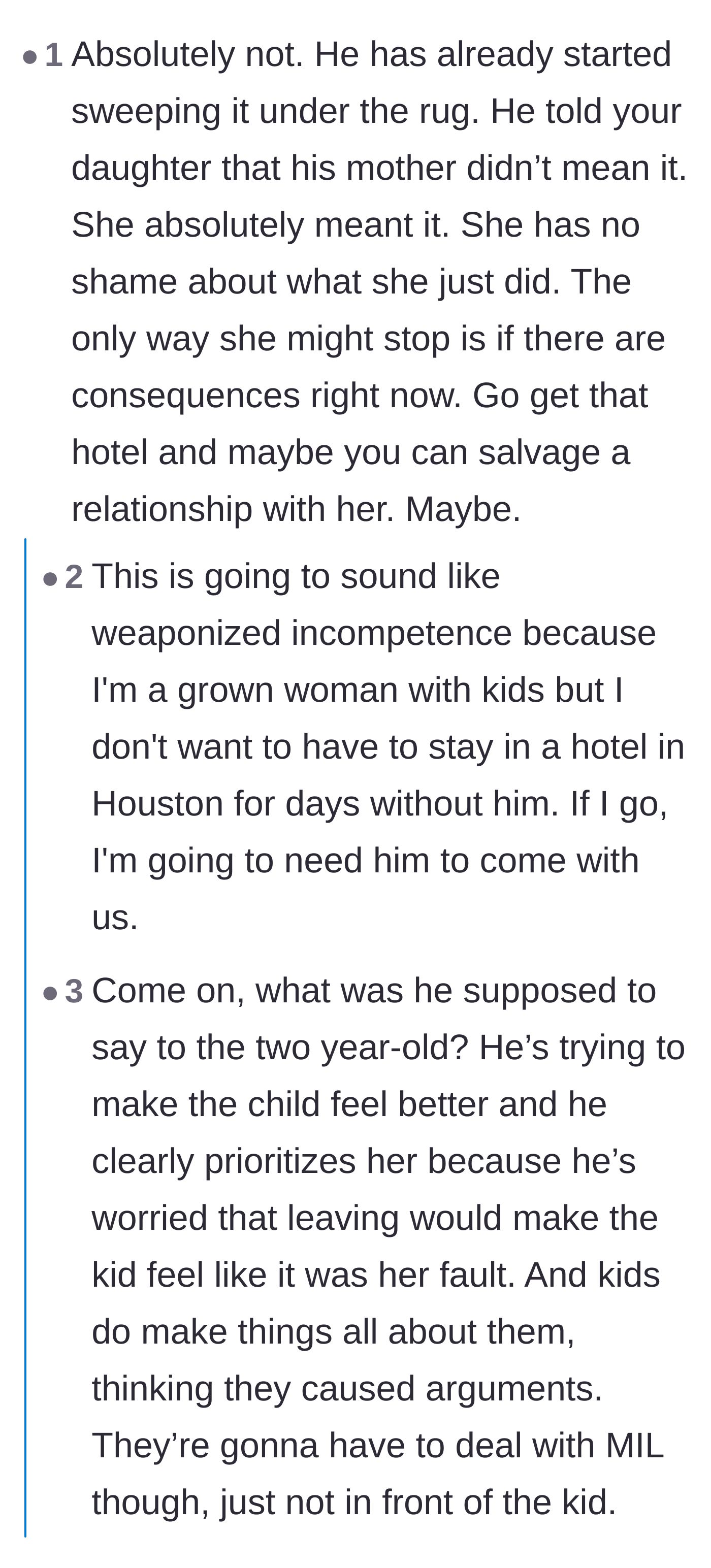Comment thread 5 - A tough-love discussion where commenters push the mother to follow through on her threats even if her husband refuses to leave with her.