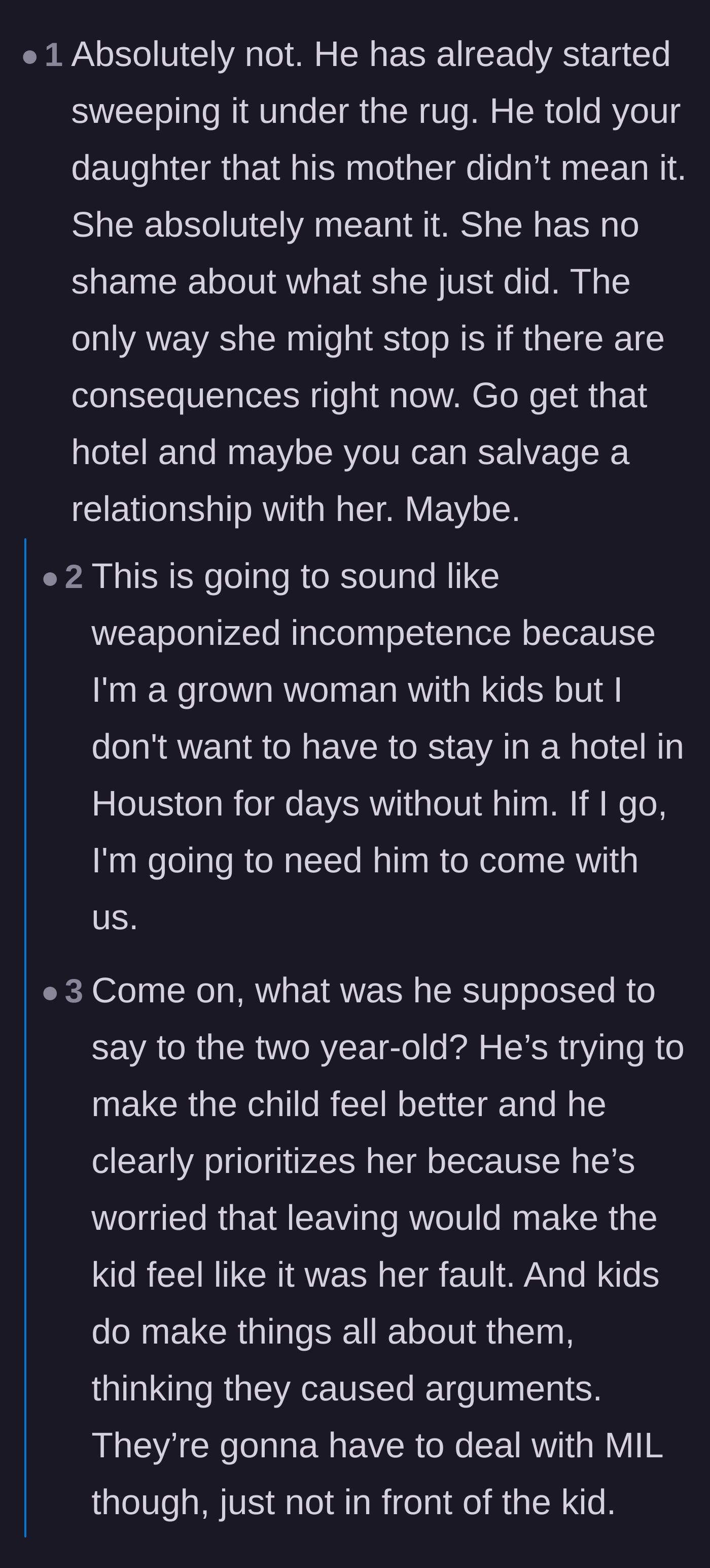 Comment thread 5 - A tough-love discussion where commenters push the mother to follow through on her threats even if her husband refuses to leave with her.